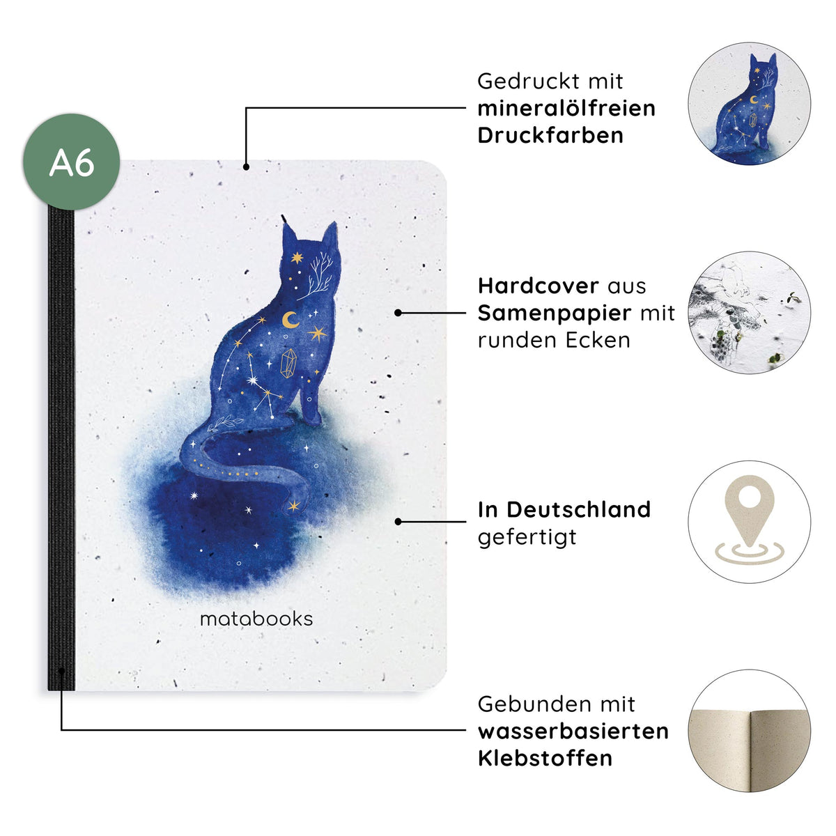Vegan produziertes Samenbuch, Notizbuch, Skizzenbuch, Tagebuch, Achtsamkeitstagebuch, Reisetagebuch, Dankbarkeitstagebuch, Bullet Journal, Rezeptbuch, Schreibheft oder Schreibblock A6 aus Graspapier von matabooks
