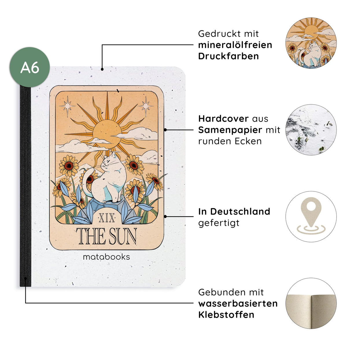 Vegan produziertes Samenbuch, Notizbuch, Skizzenbuch, Tagebuch, Achtsamkeitstagebuch, Reisetagebuch, Dankbarkeitstagebuch, Bullet Journal, Rezeptbuch, Schreibheft oder Schreibblock A6 aus Graspapier von matabooks

