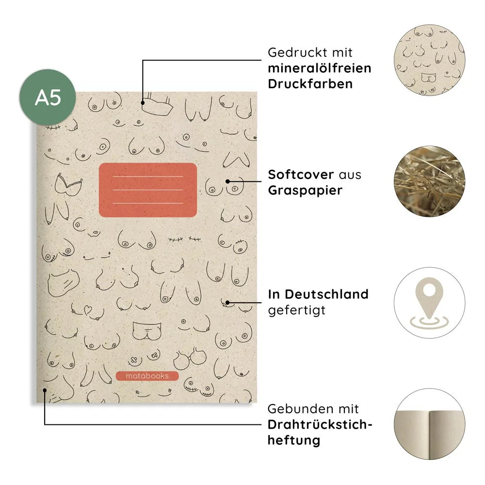 Vegan produziertes Notizbuch, Skizzenbuch, Tagebuch, Achtsamkeitstagebuch, Reisetagebuch, Dankbarkeitstagebuch, Bullet Journal, Rezeptbuch, Notizheft, Schreibheft oder Schreibblock A5 Tara aus Graspapier von matabooks