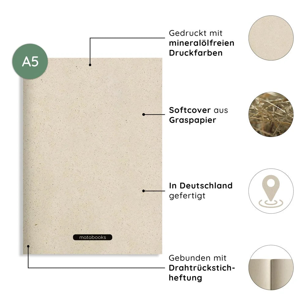 Vegan produziertes Notizbuch, Skizzenbuch, Tagebuch, Achtsamkeitstagebuch, Reisetagebuch, Dankbarkeitstagebuch, Bullet Journal, Rezeptbuch, Notizheft, Schreibheft oder Schreibblock A5 Tara aus Graspapier von matabooks
