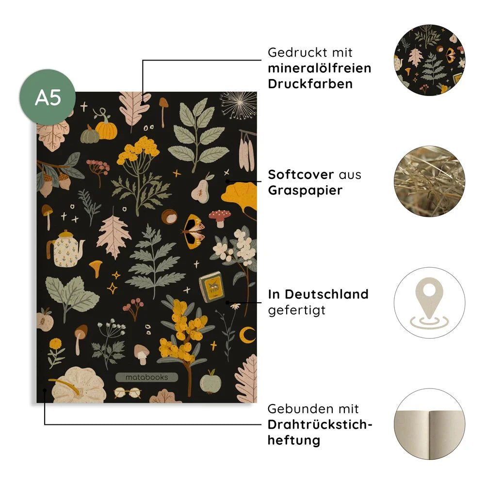 Vegan produziertes Notizbuch, Skizzenbuch, Tagebuch, Achtsamkeitstagebuch, Reisetagebuch, Dankbarkeitstagebuch, Bullet Journal, Rezeptbuch, Notizheft, Schreibheft oder Schreibblock A5 Tara aus Graspapier von matabooks