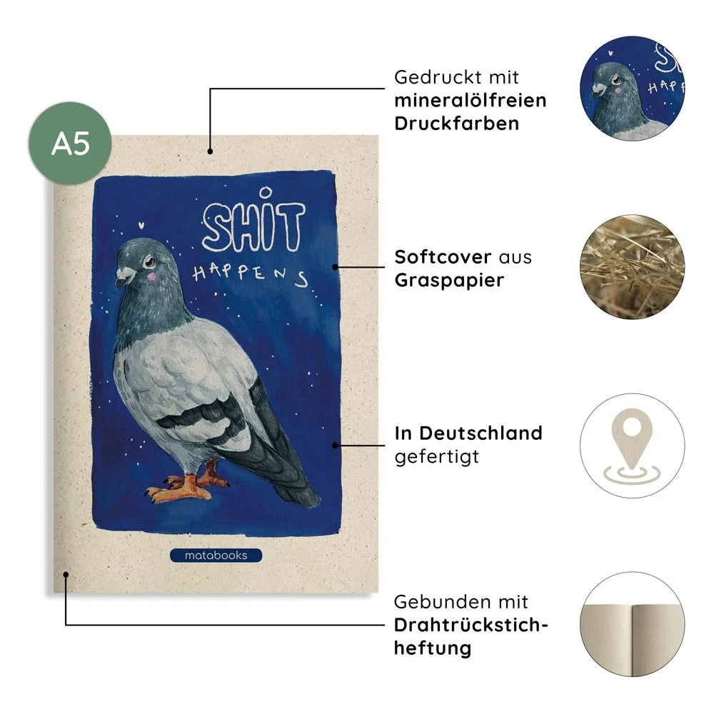 Vegan produziertes Notizbuch, Skizzenbuch, Tagebuch, Achtsamkeitstagebuch, Reisetagebuch, Dankbarkeitstagebuch, Bullet Journal, Rezeptbuch, Notizheft, Schreibheft oder Schreibblock A5 Tara aus Graspapier von matabooks