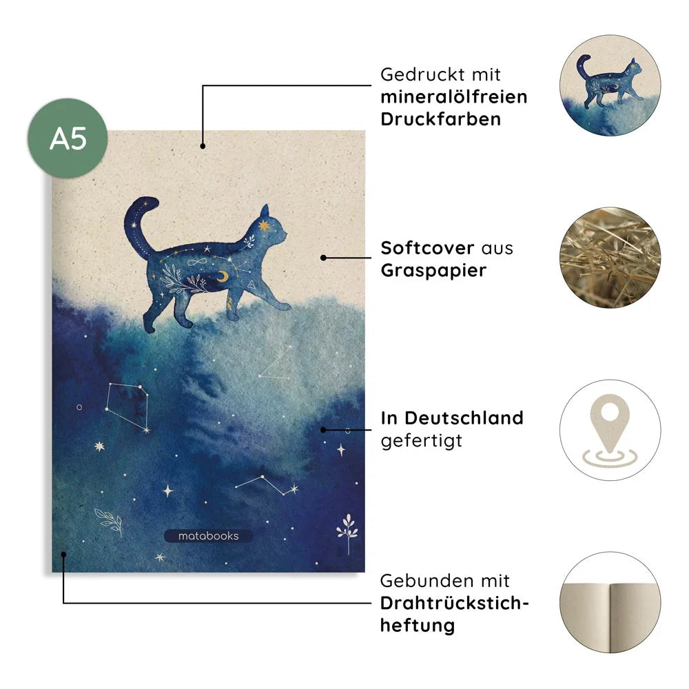 Vegan produziertes Notizbuch, Skizzenbuch, Tagebuch, Achtsamkeitstagebuch, Reisetagebuch, Dankbarkeitstagebuch, Bullet Journal, Rezeptbuch, Notizheft, Schreibheft oder Schreibblock A5 Tara aus Graspapier von matabooks