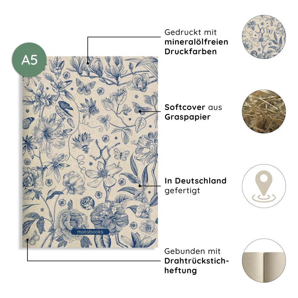 Vegan produziertes Notizbuch, Skizzenbuch, Tagebuch, Achtsamkeitstagebuch, Reisetagebuch, Dankbarkeitstagebuch, Bullet Journal, Rezeptbuch, Notizheft, Schreibheft oder Schreibblock A5 Tara aus Graspapier von matabooks