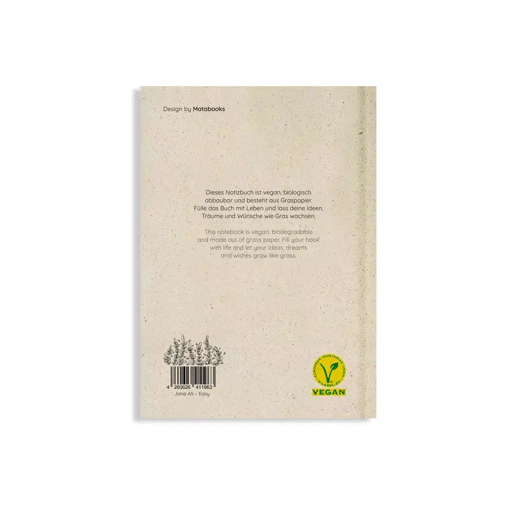 Vegan produziertes Notizbuch, Skizzenbuch, Tagebuch, Achtsamkeitstagebuch, Reisetagebuch, Dankbarkeitstagebuch, Bullet Journal, Planer, Terminplaner, Uni-Planer, Kalender, Wochenplaner, Rezeptbuch, Schreibheft oder Schreibblock A5 Jana aus Graspapier von matabooks