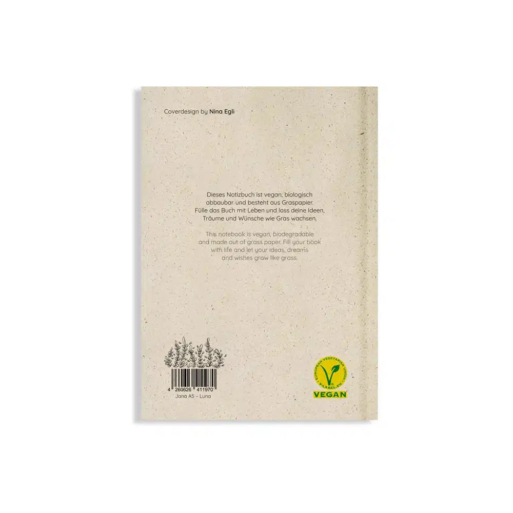 Vegan produziertes Notizbuch, Skizzenbuch, Tagebuch, Achtsamkeitstagebuch, Reisetagebuch, Dankbarkeitstagebuch, Bullet Journal, Planer, Terminplaner, Uni-Planer, Kalender, Wochenplaner, Rezeptbuch, Schreibheft oder Schreibblock A5 Jana aus Graspapier von matabooks