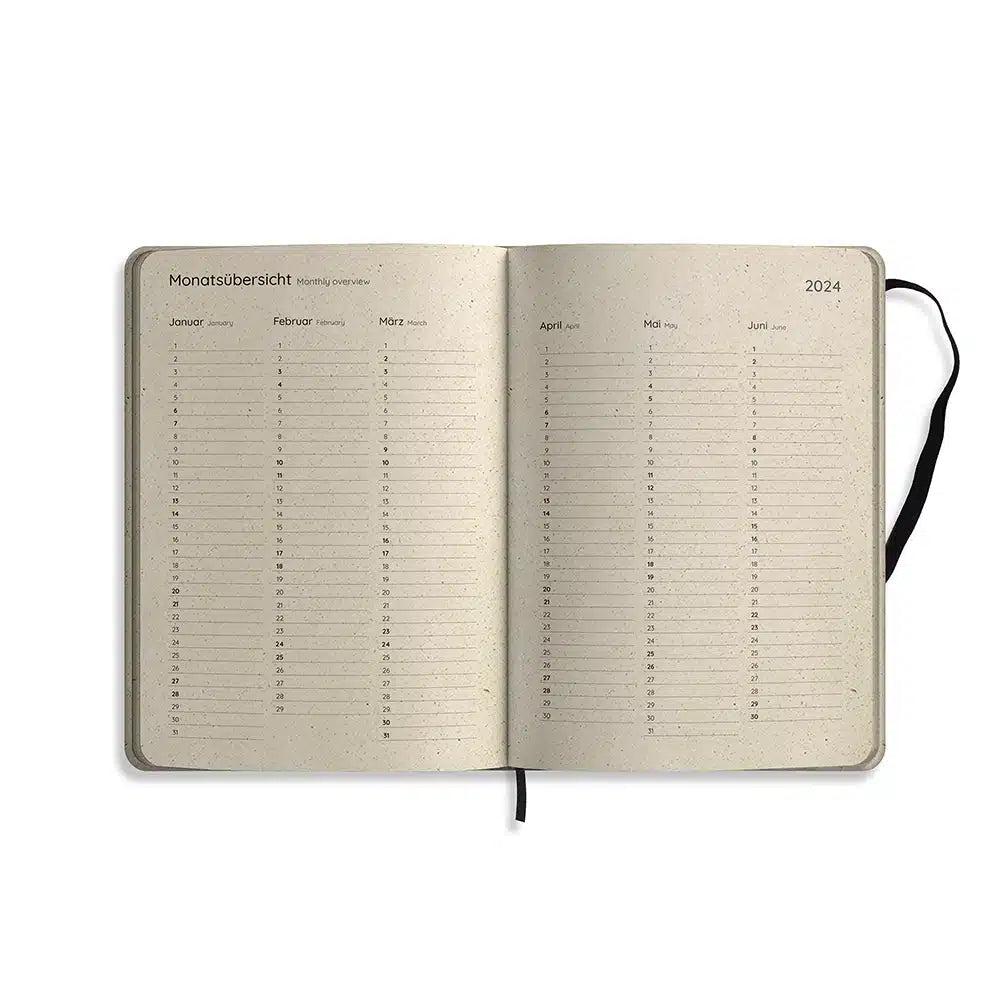 Vegan produzierter Jahresplaner, Jahreskalender, Kalender, Familienkalender, Notizbuch, Tagebuch, Terminplaner, Achtsamkeitstagebuch, Bullet Journal, Reisetagebuch, Dankbarkeitstagebuch, Hausaufgabenheft, Uni-Planer, Taschenkalender, Buchkalender, Business-Planer, Wochenplaner A5 aus Graspapier von matabooks