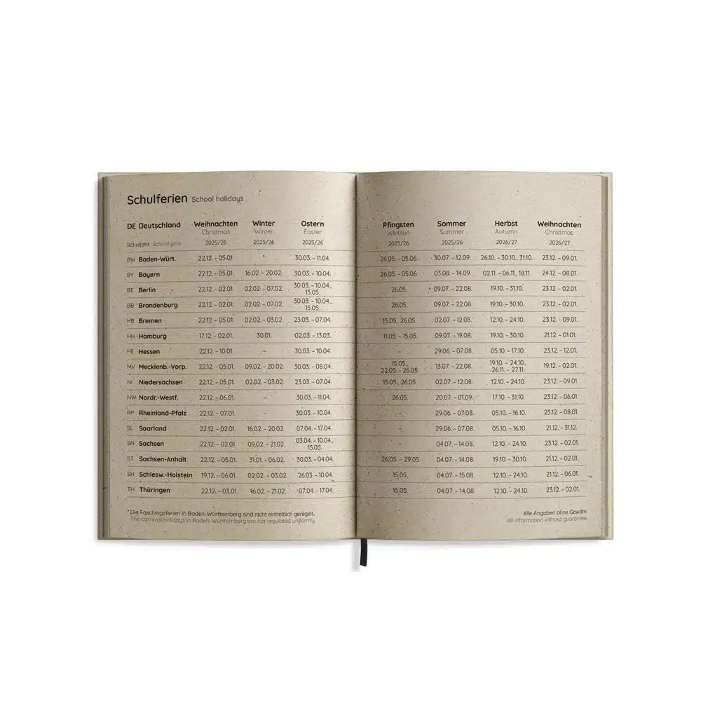 Vegan produzierter Jahresplaner, Jahreskalender, Kalender, Familienkalender, Notizbuch, Tagebuch, Terminplaner, Achtsamkeitstagebuch, Bullet Journal, Reisetagebuch, Dankbarkeitstagebuch, Hausaufgabenheft, Uni-Planer, Taschenkalender, Buchkalender, Business-Planer, Wochenplaner A6 aus Graspapier von matabooks