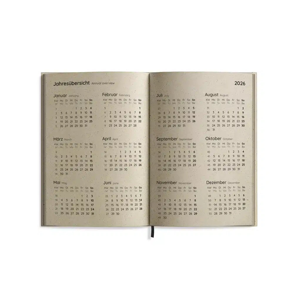 Vegan produzierter Jahresplaner, Jahreskalender, Kalender, Familienkalender, Notizbuch, Tagebuch, Terminplaner, Achtsamkeitstagebuch, Bullet Journal, Reisetagebuch, Dankbarkeitstagebuch, Hausaufgabenheft, Uni-Planer, Taschenkalender, Buchkalender, Business-Planer, Wochenplaner A6 aus Graspapier von matabooks