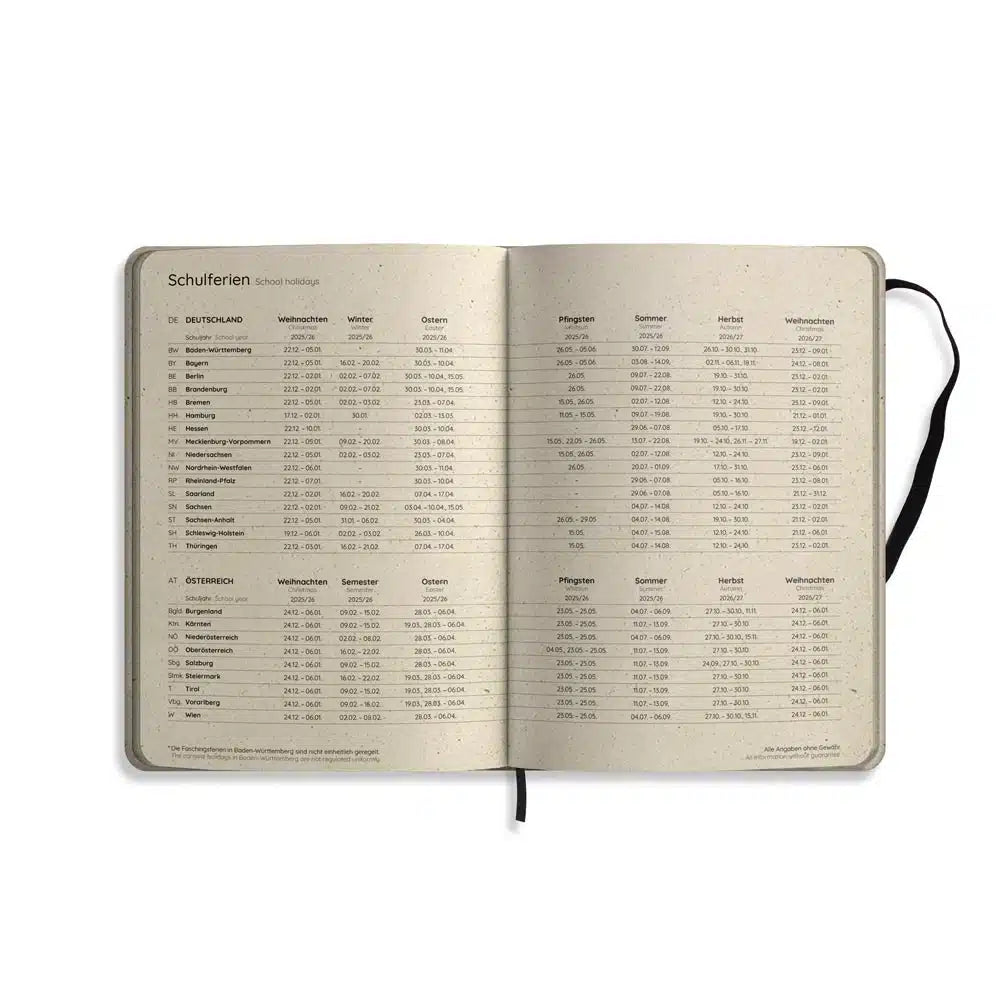 Vegan produzierter Jahresplaner, Jahreskalender, Kalender, Familienkalender, Notizbuch, Tagebuch, Terminplaner, Achtsamkeitstagebuch, Bullet Journal, Reisetagebuch, Dankbarkeitstagebuch, Hausaufgabenheft, Uni-Planer, Taschenkalender, Buchkalender, Business-Planer, Wochenplaner A5 aus Graspapier von matabooks