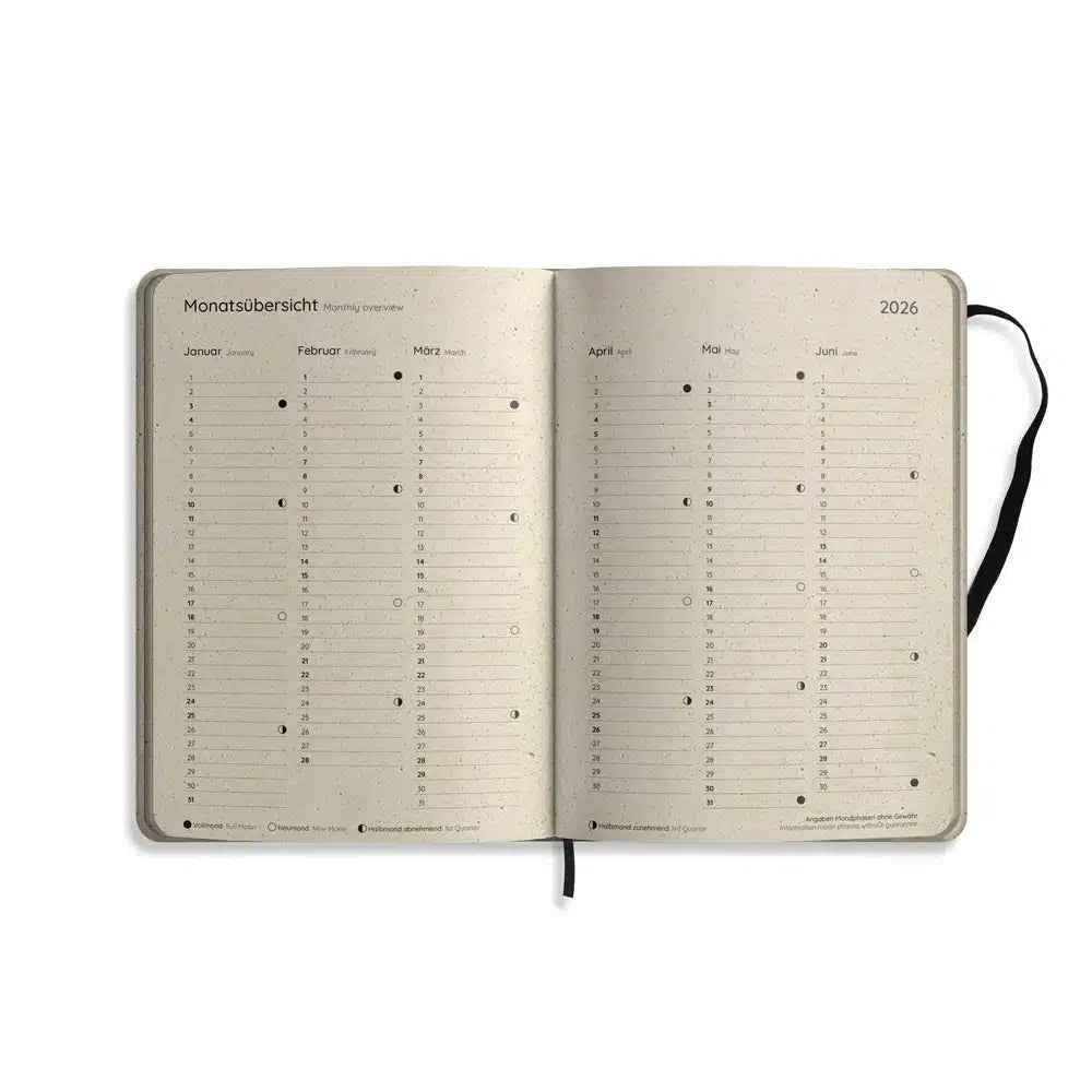 Vegan produzierter Jahresplaner, Jahreskalender, Kalender, Familienkalender, Notizbuch, Tagebuch, Terminplaner, Achtsamkeitstagebuch, Bullet Journal, Reisetagebuch, Dankbarkeitstagebuch, Hausaufgabenheft, Uni-Planer, Taschenkalender, Buchkalender, Business-Planer, Wochenplaner A5 aus Graspapier von matabooks