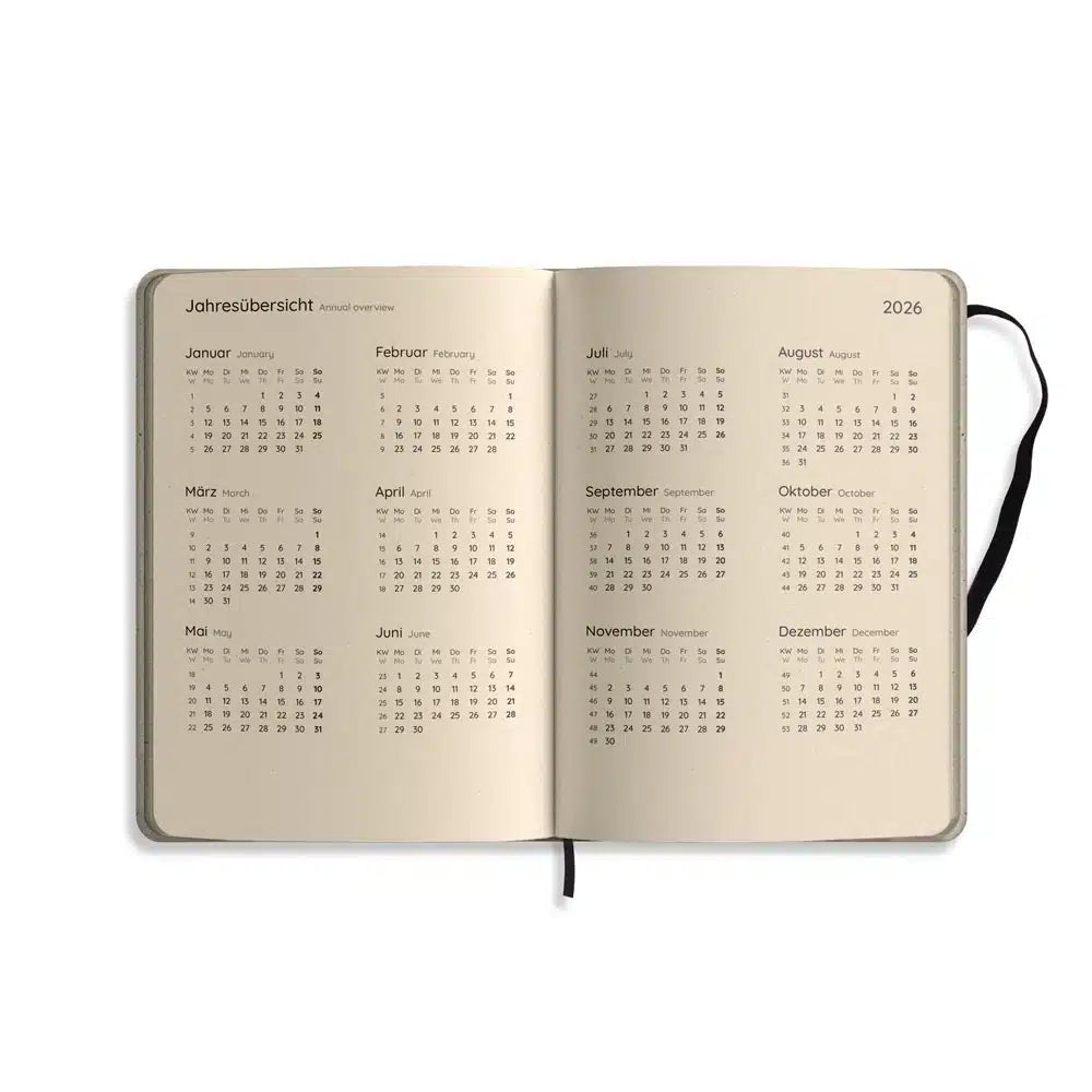 Vegan produzierter Jahresplaner, Jahreskalender, Kalender, Familienkalender, Notizbuch, Tagebuch, Terminplaner, Achtsamkeitstagebuch, Bullet Journal, Reisetagebuch, Dankbarkeitstagebuch, Hausaufgabenheft, Uni-Planer, Taschenkalender, Buchkalender, Business-Planer, Wochenplaner A5 aus Graspapier von matabooks