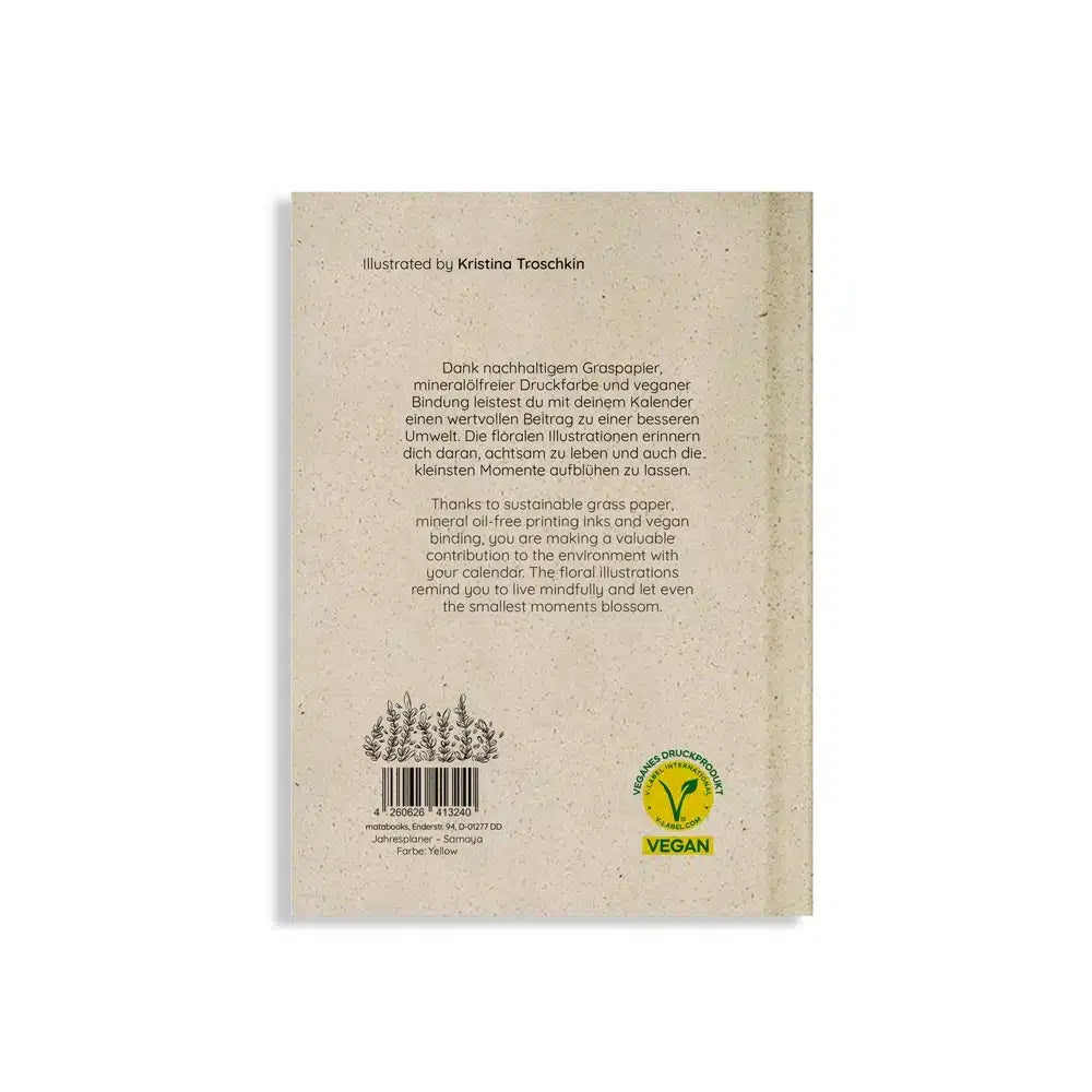 Vegan produzierter Jahresplaner, Jahreskalender, Kalender, Familienkalender, Notizbuch, Tagebuch, Terminplaner, Achtsamkeitstagebuch, Bullet Journal, Reisetagebuch, Dankbarkeitstagebuch, Hausaufgabenheft, Uni-Planer, Taschenkalender, Buchkalender, Business-Planer, Wochenplaner A6 aus Graspapier von matabooks