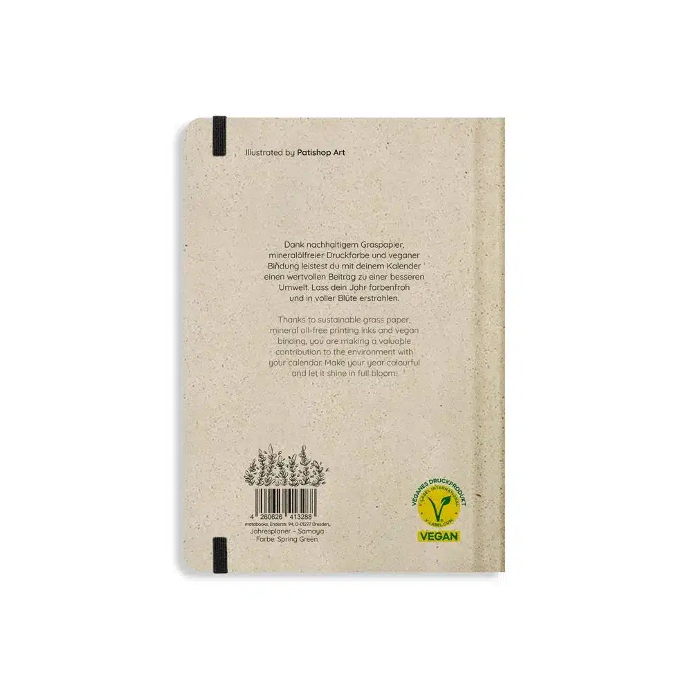 Vegan produzierter Jahresplaner, Jahreskalender, Kalender, Familienkalender, Notizbuch, Tagebuch, Terminplaner, Achtsamkeitstagebuch, Bullet Journal, Reisetagebuch, Dankbarkeitstagebuch, Hausaufgabenheft, Uni-Planer, Taschenkalender, Buchkalender, Business-Planer, Wochenplaner A5 aus Graspapier von matabooks