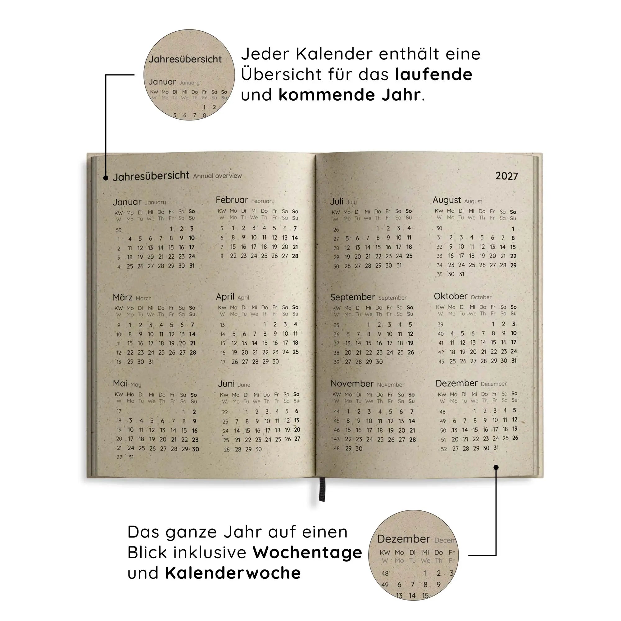 Vegan produzierter Jahresplaner, Jahreskalender, Kalender, Familienkalender, Notizbuch, Tagebuch, Terminplaner, Achtsamkeitstagebuch, Bullet Journal, Reisetagebuch, Dankbarkeitstagebuch, Hausaufgabenheft, Uni-Planer, Taschenkalender, Buchkalender, Business-Planer, Wochenplaner A6 aus Graspapier von matabooks
