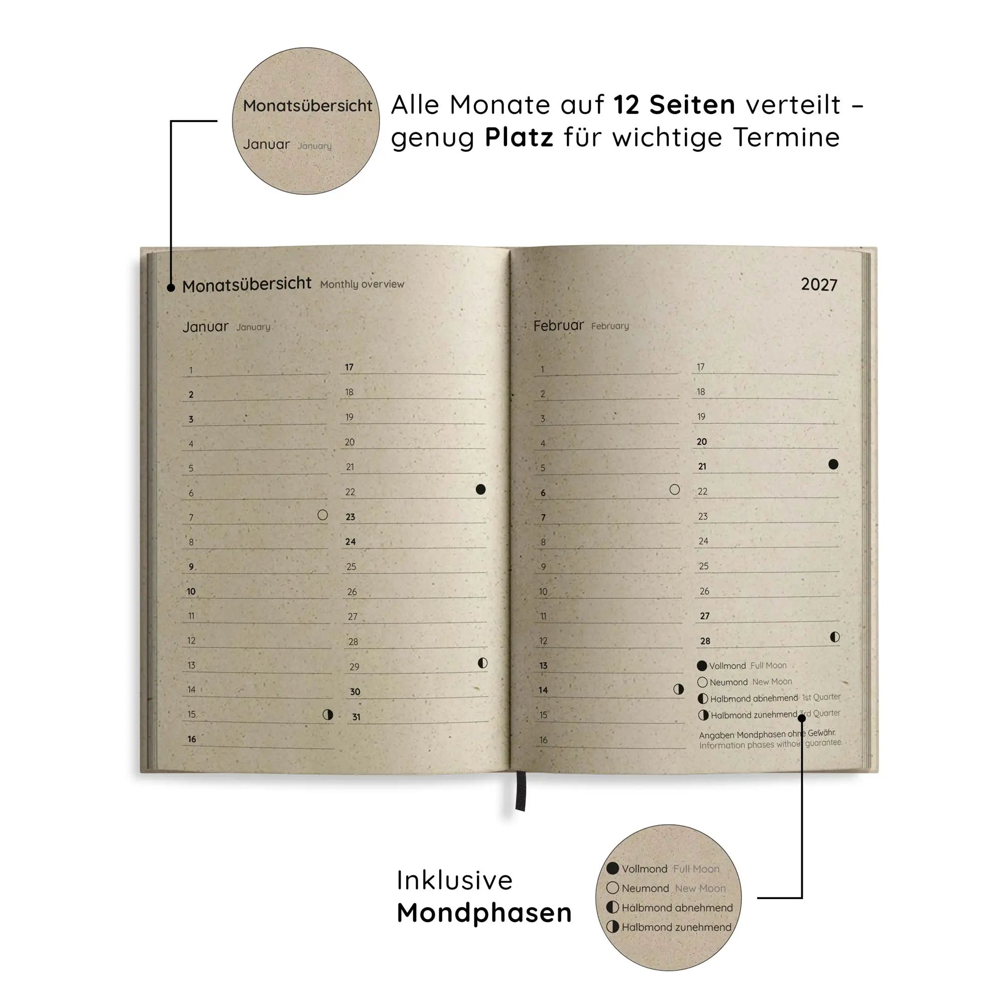 Vegan produzierter Jahresplaner, Jahreskalender, Kalender, Familienkalender, Notizbuch, Tagebuch, Terminplaner, Achtsamkeitstagebuch, Bullet Journal, Reisetagebuch, Dankbarkeitstagebuch, Hausaufgabenheft, Uni-Planer, Taschenkalender, Buchkalender, Business-Planer, Wochenplaner A6 aus Graspapier von matabooks