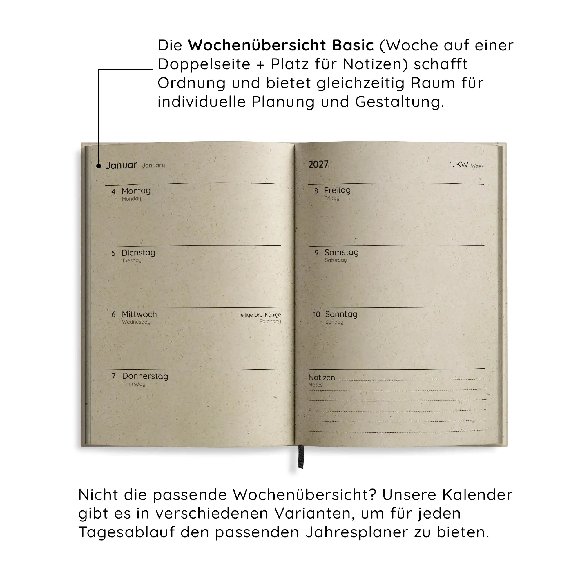 Vegan produzierter Jahresplaner, Jahreskalender, Kalender, Familienkalender, Notizbuch, Tagebuch, Terminplaner, Achtsamkeitstagebuch, Bullet Journal, Reisetagebuch, Dankbarkeitstagebuch, Hausaufgabenheft, Uni-Planer, Taschenkalender, Buchkalender, Business-Planer, Wochenplaner A6 aus Graspapier von matabooks