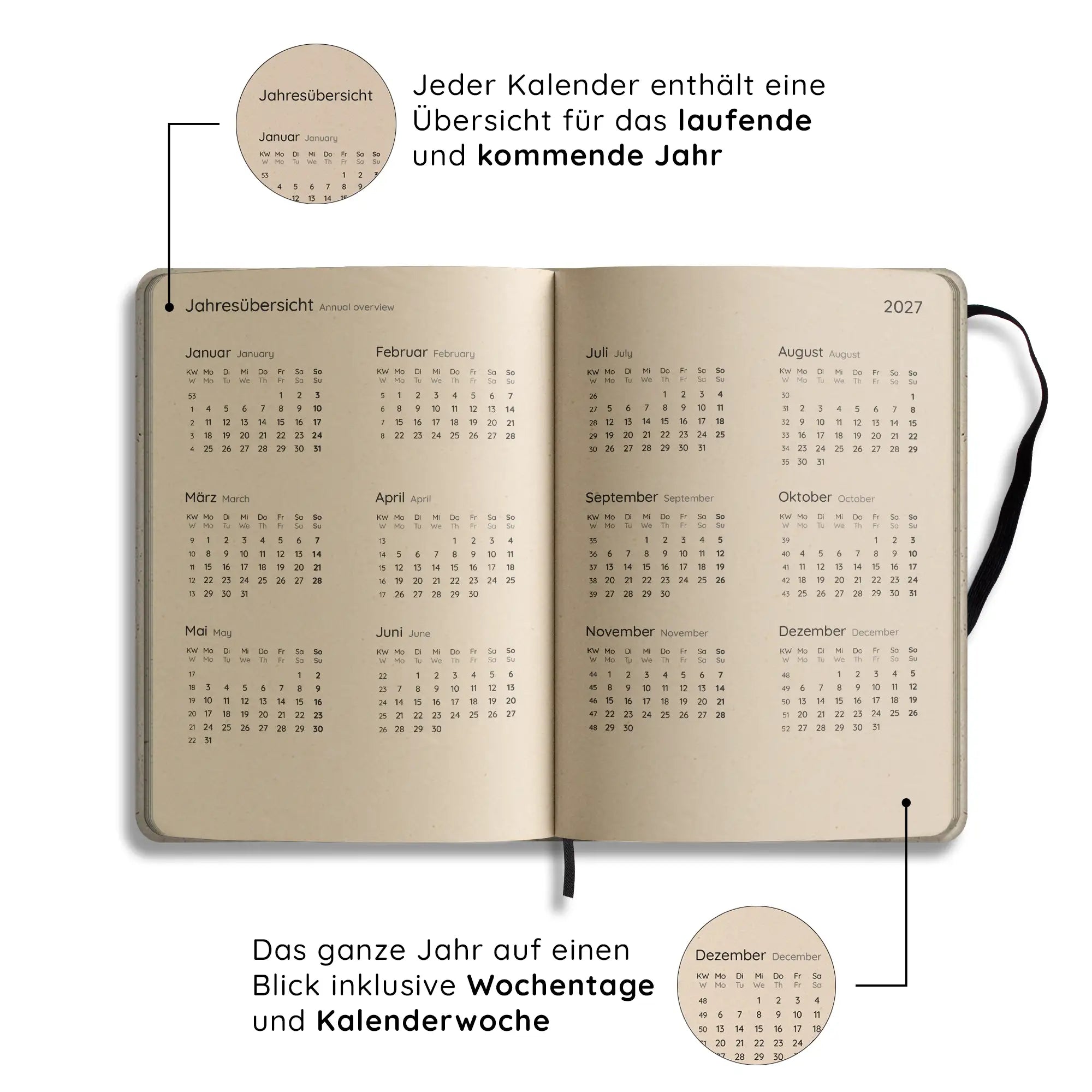 Vegan produzierter Jahresplaner, Jahreskalender, Kalender, Familienkalender, Notizbuch, Tagebuch, Terminplaner, Achtsamkeitstagebuch, Bullet Journal, Reisetagebuch, Dankbarkeitstagebuch, Hausaufgabenheft, Uni-Planer, Taschenkalender, Buchkalender, Business-Planer, Wochenplaner A5 aus Graspapier und Süßgraspapier von matabooks
