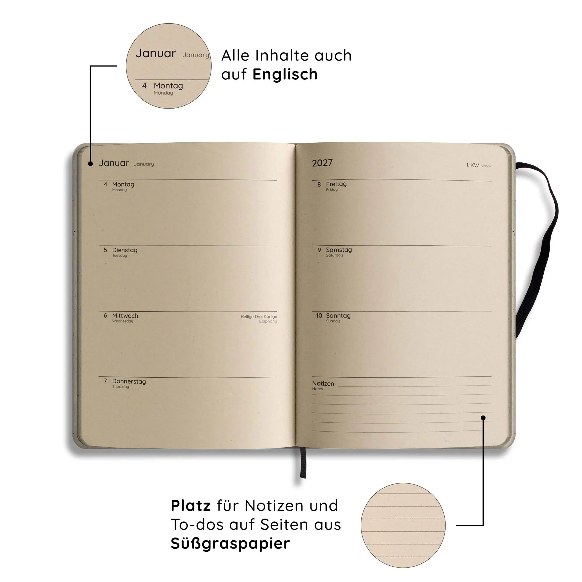 Vegan produzierter Jahresplaner, Jahreskalender, Kalender, Familienkalender, Notizbuch, Tagebuch, Terminplaner, Achtsamkeitstagebuch, Bullet Journal, Reisetagebuch, Dankbarkeitstagebuch, Hausaufgabenheft, Uni-Planer, Taschenkalender, Buchkalender, Business-Planer, Wochenplaner A5 aus Graspapier und Süßgraspapier von matabooks