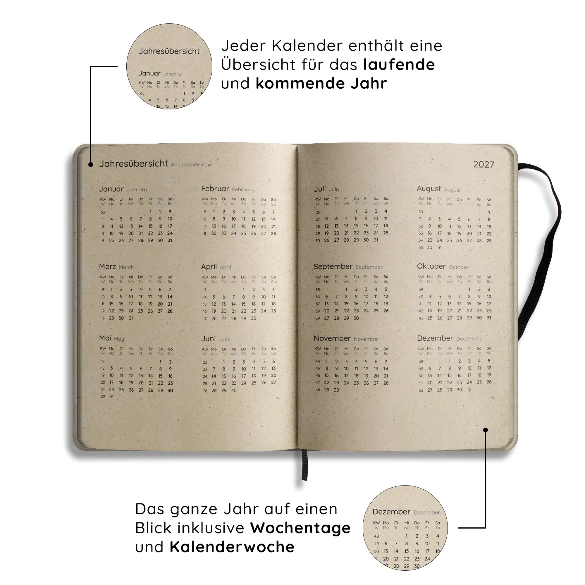 Vegan produzierter Jahresplaner, Jahreskalender, Kalender, Familienkalender, Notizbuch, Tagebuch, Terminplaner, Achtsamkeitstagebuch, Bullet Journal, Reisetagebuch, Dankbarkeitstagebuch, Hausaufgabenheft, Uni-Planer, Taschenkalender, Buchkalender, Business-Planer, Wochenplaner A5 aus Graspapier von matabooks