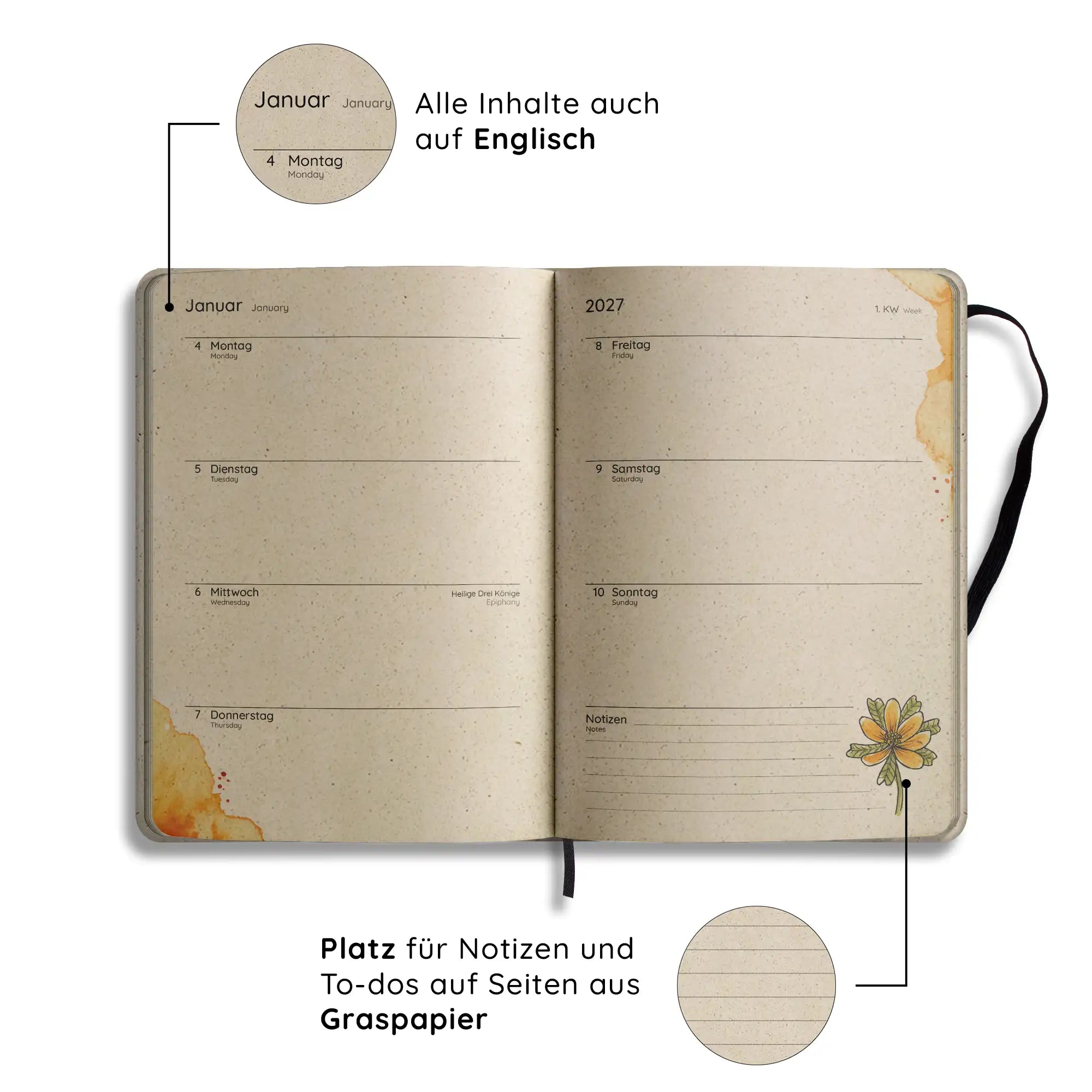 Vegan produzierter Jahresplaner, Jahreskalender, Kalender, Familienkalender, Notizbuch, Tagebuch, Terminplaner, Achtsamkeitstagebuch, Bullet Journal, Reisetagebuch, Dankbarkeitstagebuch, Hausaufgabenheft, Uni-Planer, Taschenkalender, Buchkalender, Business-Planer, Wochenplaner A5 aus Graspapier von matabooks