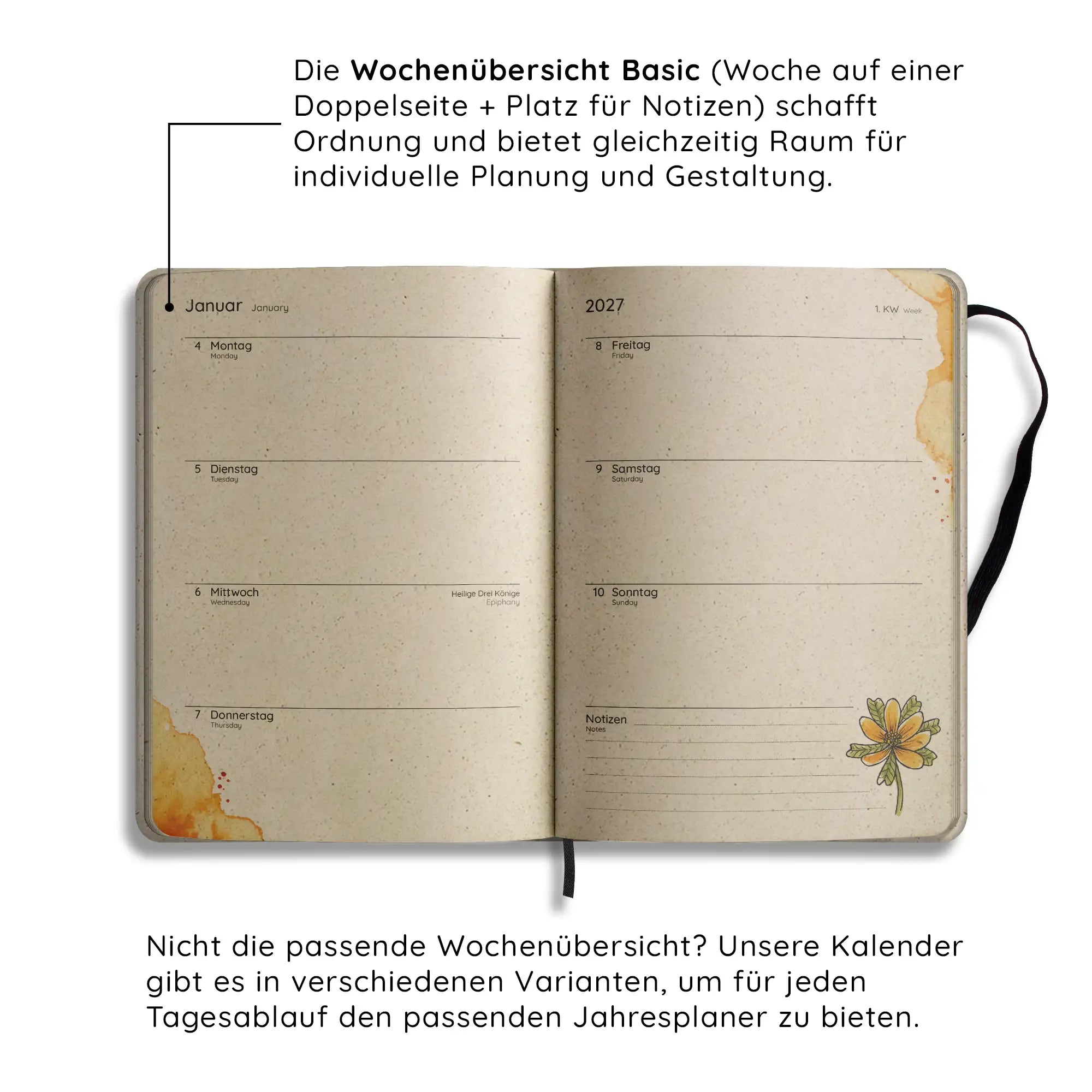 Vegan produzierter Jahresplaner, Jahreskalender, Kalender, Familienkalender, Notizbuch, Tagebuch, Terminplaner, Achtsamkeitstagebuch, Bullet Journal, Reisetagebuch, Dankbarkeitstagebuch, Hausaufgabenheft, Uni-Planer, Taschenkalender, Buchkalender, Business-Planer, Wochenplaner A5 aus Graspapier von matabooks