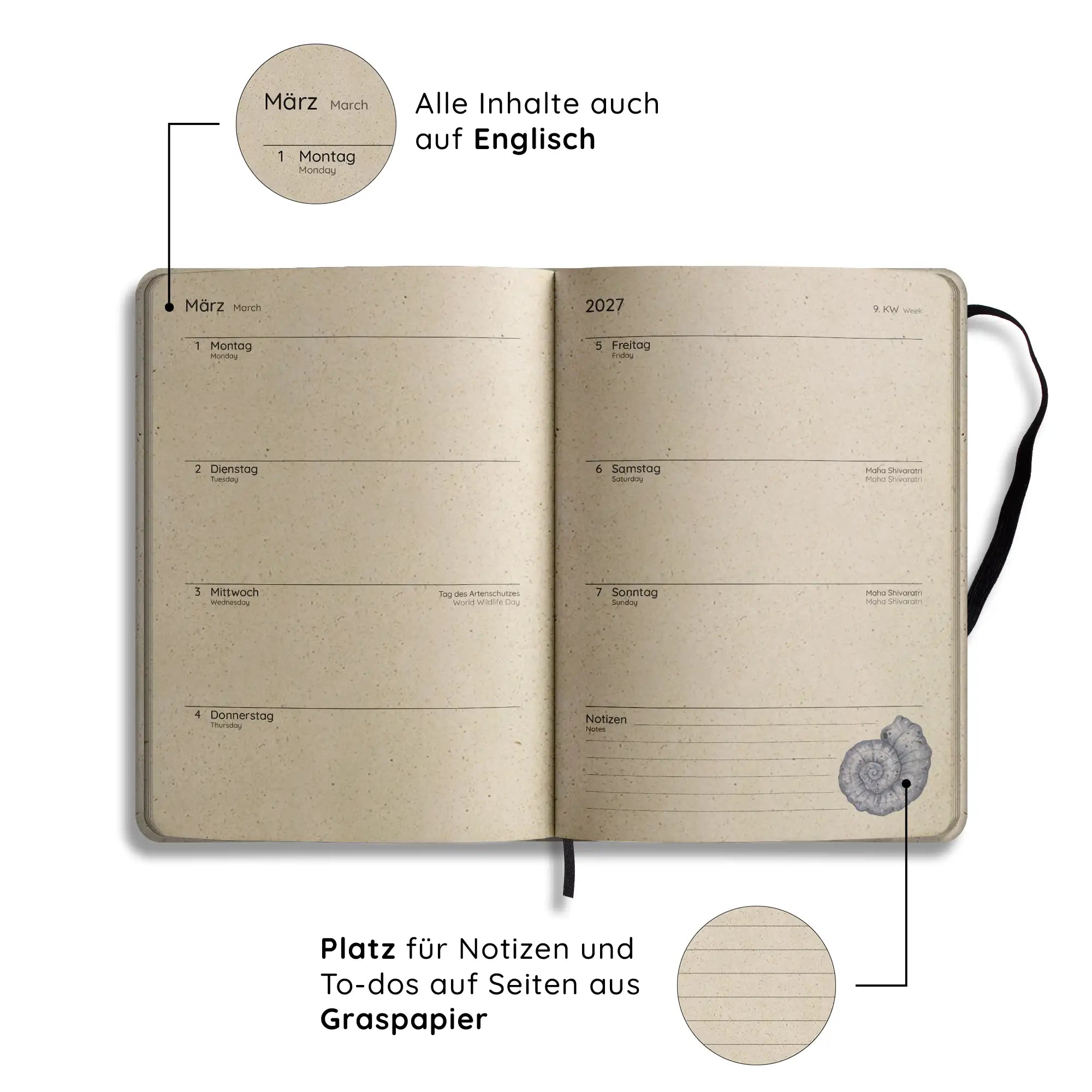 Vegan produzierter Jahresplaner, Jahreskalender, Kalender, Familienkalender, Notizbuch, Tagebuch, Terminplaner, Achtsamkeitstagebuch, Bullet Journal, Reisetagebuch, Dankbarkeitstagebuch, Hausaufgabenheft, Uni-Planer, Taschenkalender, Buchkalender, Business-Planer, Wochenplaner A5 aus Graspapier von matabooks