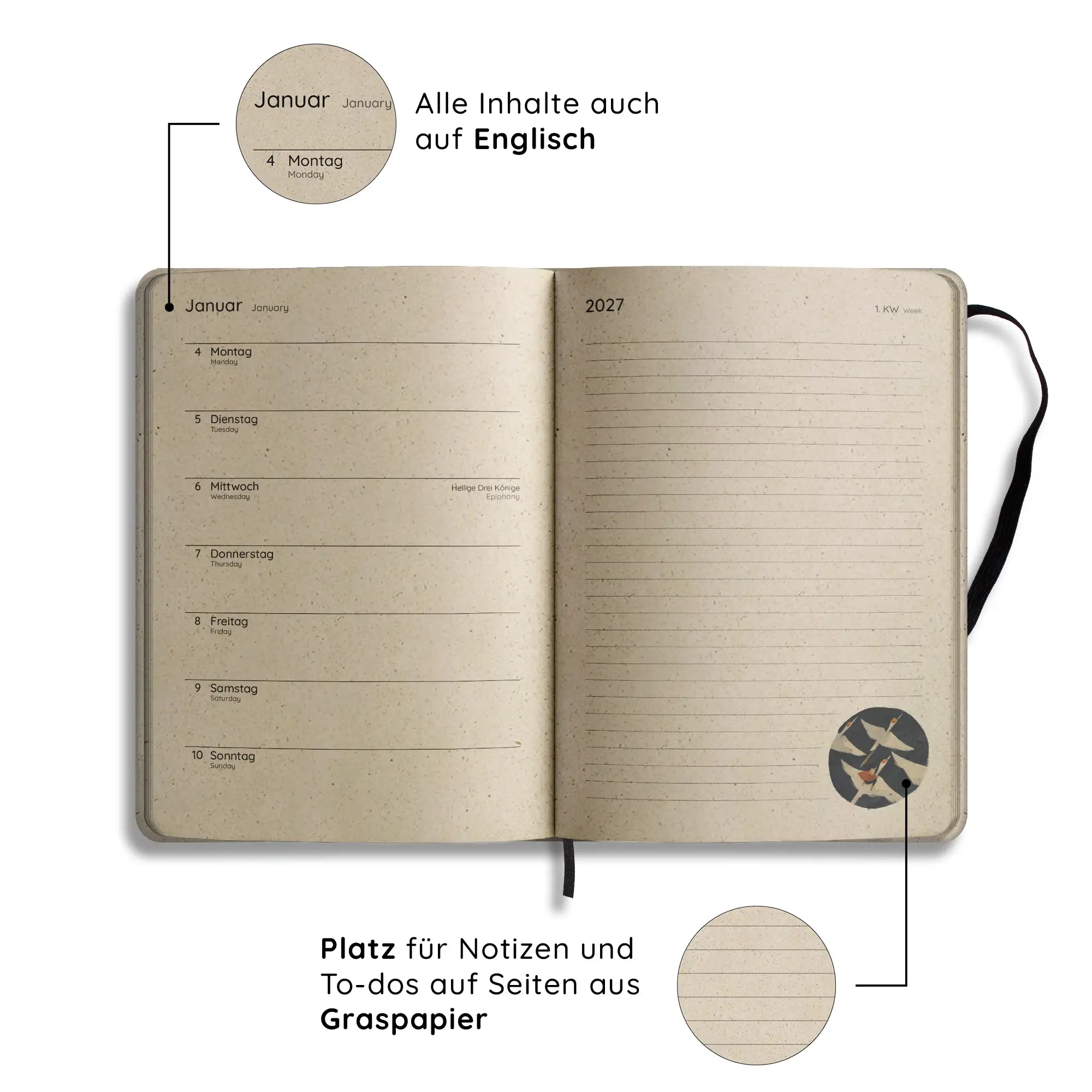 Vegan produzierter Jahresplaner, Jahreskalender, Kalender, Familienkalender, Notizbuch, Tagebuch, Terminplaner, Achtsamkeitstagebuch, Bullet Journal, Reisetagebuch, Dankbarkeitstagebuch, Hausaufgabenheft, Uni-Planer, Taschenkalender, Buchkalender, Business-Planer, Wochenplaner A5 aus Graspapier von matabooks