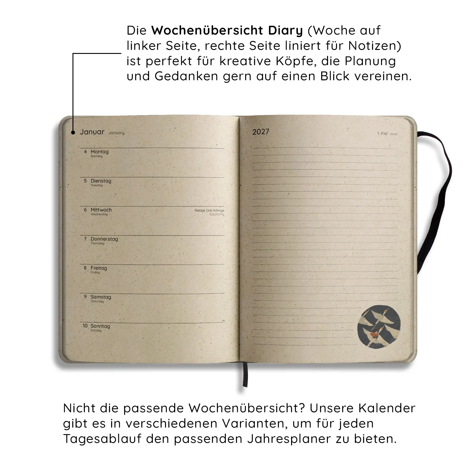 Vegan produzierter Jahresplaner, Jahreskalender, Kalender, Familienkalender, Notizbuch, Tagebuch, Terminplaner, Achtsamkeitstagebuch, Bullet Journal, Reisetagebuch, Dankbarkeitstagebuch, Hausaufgabenheft, Uni-Planer, Taschenkalender, Buchkalender, Business-Planer, Wochenplaner A5 aus Graspapier von matabooks