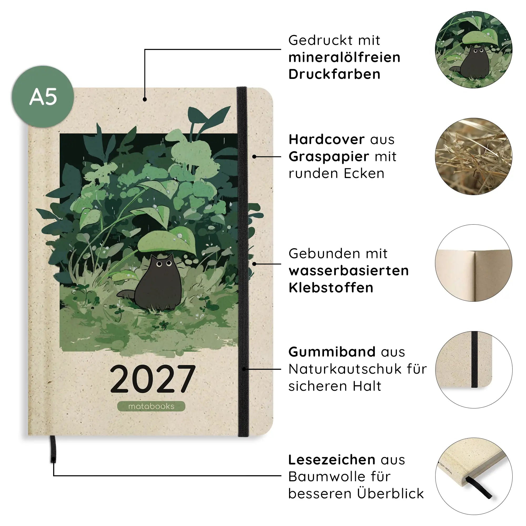 Vegan produzierter Jahresplaner, Jahreskalender, Kalender, Familienkalender, Notizbuch, Tagebuch, Terminplaner, Achtsamkeitstagebuch, Bullet Journal, Reisetagebuch, Dankbarkeitstagebuch, Hausaufgabenheft, Uni-Planer, Taschenkalender, Buchkalender, Business-Planer, Wochenplaner A5 aus Graspapier und Süßgraspapier von matabooks