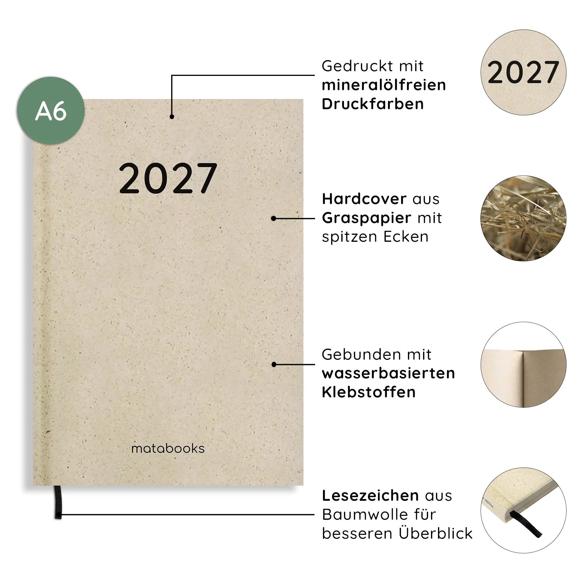 Vegan produzierter Jahresplaner, Jahreskalender, Kalender, Familienkalender, Notizbuch, Tagebuch, Terminplaner, Achtsamkeitstagebuch, Bullet Journal, Reisetagebuch, Dankbarkeitstagebuch, Hausaufgabenheft, Uni-Planer, Taschenkalender, Buchkalender, Business-Planer, Wochenplaner A6 aus Graspapier von matabooks