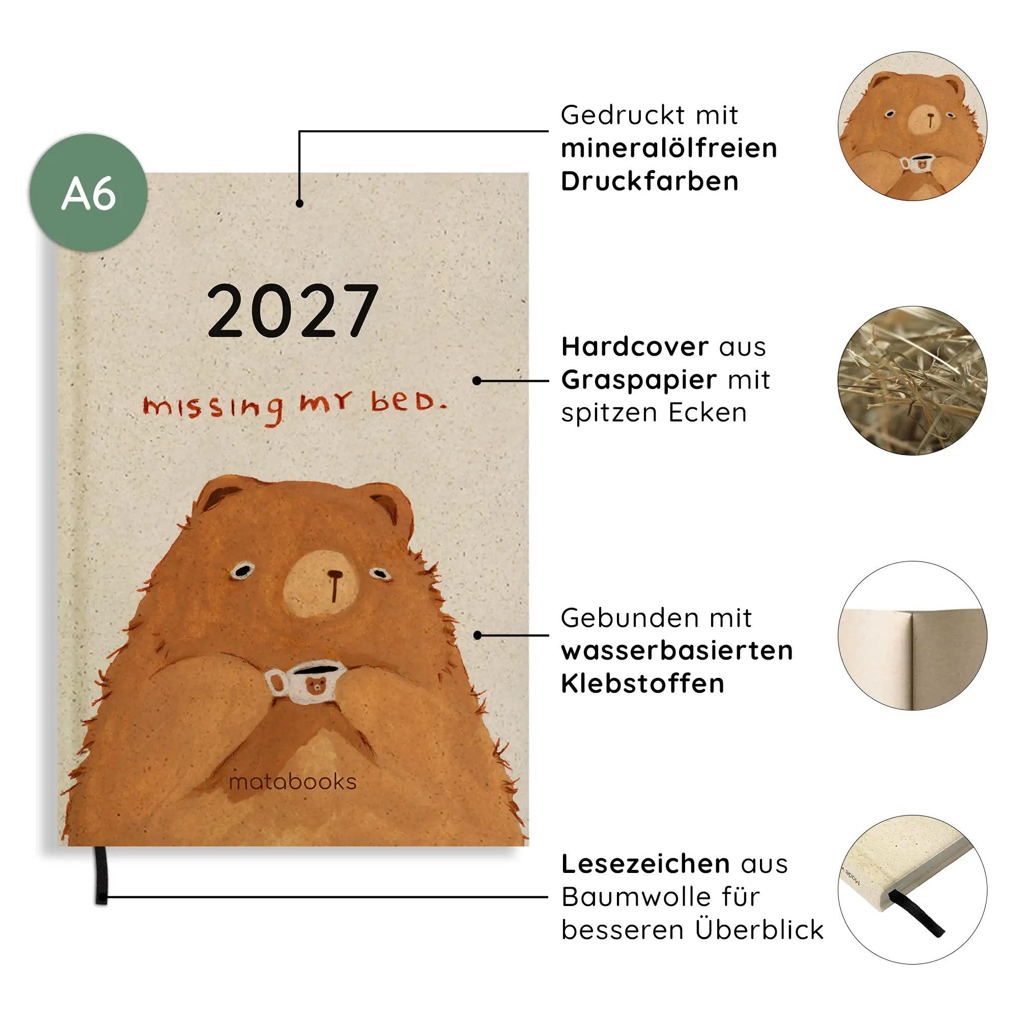 Vegan produzierter Jahresplaner, Jahreskalender, Kalender, Familienkalender, Notizbuch, Tagebuch, Terminplaner, Achtsamkeitstagebuch, Bullet Journal, Reisetagebuch, Dankbarkeitstagebuch, Hausaufgabenheft, Uni-Planer, Taschenkalender, Buchkalender, Business-Planer, Wochenplaner A6 aus Graspapier von matabooks