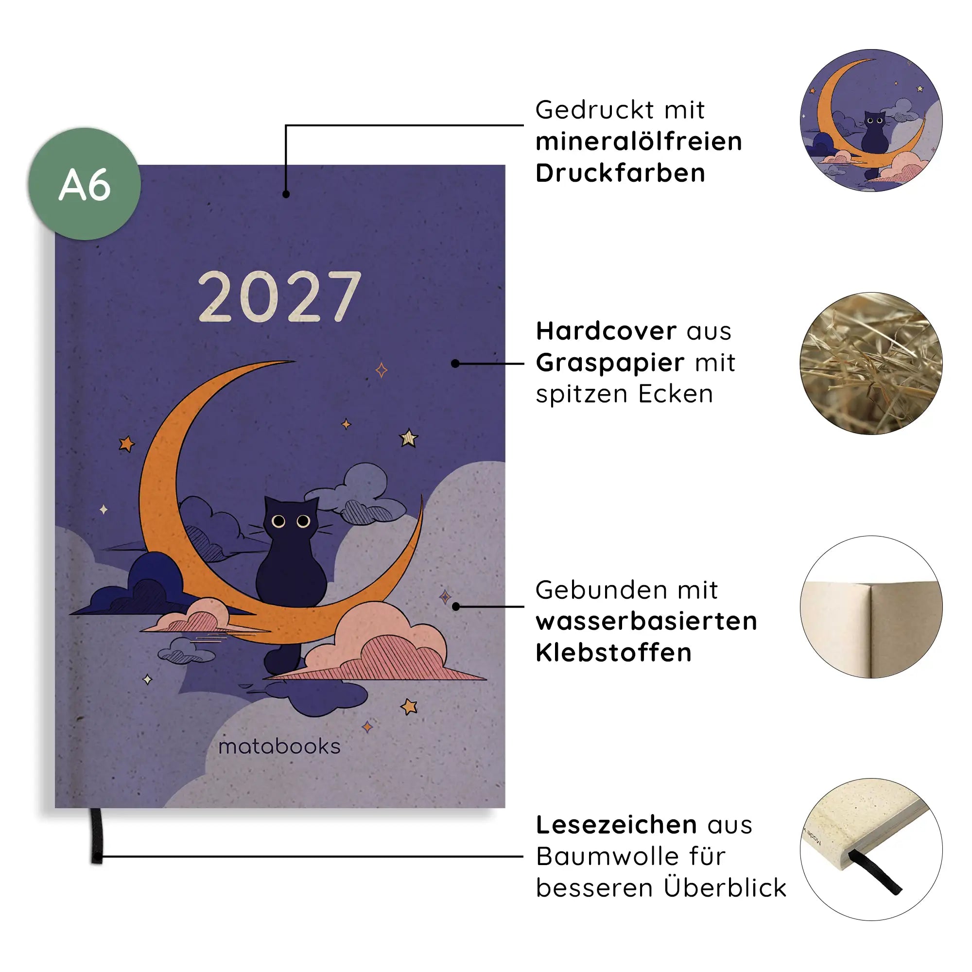 Vegan produzierter Jahresplaner, Jahreskalender, Kalender, Familienkalender, Notizbuch, Tagebuch, Terminplaner, Achtsamkeitstagebuch, Bullet Journal, Reisetagebuch, Dankbarkeitstagebuch, Hausaufgabenheft, Uni-Planer, Taschenkalender, Buchkalender, Business-Planer, Wochenplaner A6 aus Graspapier von matabooks