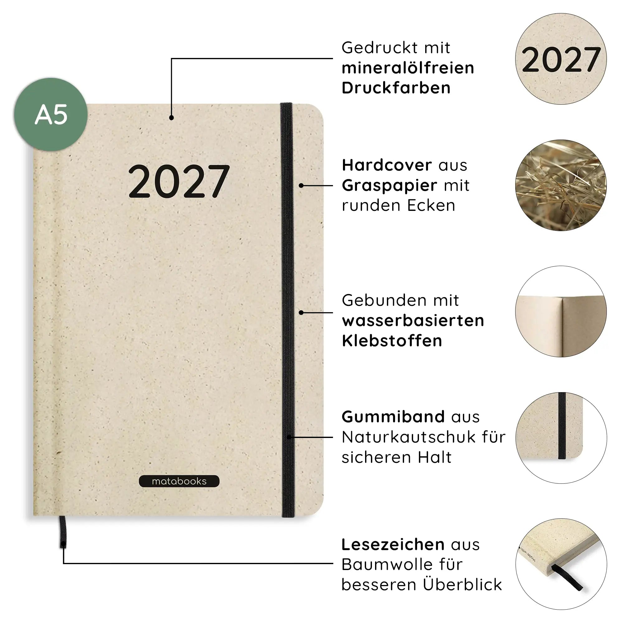 Vegan produzierter Jahresplaner, Jahreskalender, Kalender, Familienkalender, Notizbuch, Tagebuch, Terminplaner, Achtsamkeitstagebuch, Bullet Journal, Reisetagebuch, Dankbarkeitstagebuch, Hausaufgabenheft, Uni-Planer, Taschenkalender, Buchkalender, Business-Planer, Wochenplaner A5 aus Graspapier und Süßgraspapier von matabooks