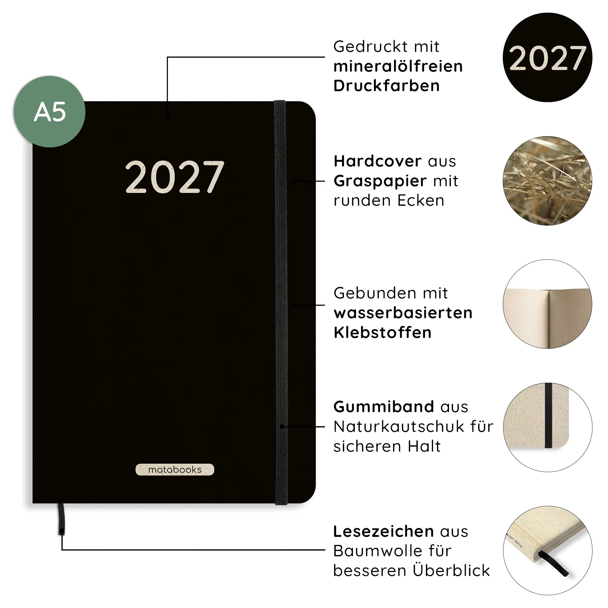 Vegan produzierter Jahresplaner, Jahreskalender, Kalender, Familienkalender, Notizbuch, Tagebuch, Terminplaner, Achtsamkeitstagebuch, Bullet Journal, Reisetagebuch, Dankbarkeitstagebuch, Hausaufgabenheft, Uni-Planer, Taschenkalender, Buchkalender, Business-Planer, Wochenplaner A5 aus Graspapier und Süßgraspapier von matabooks