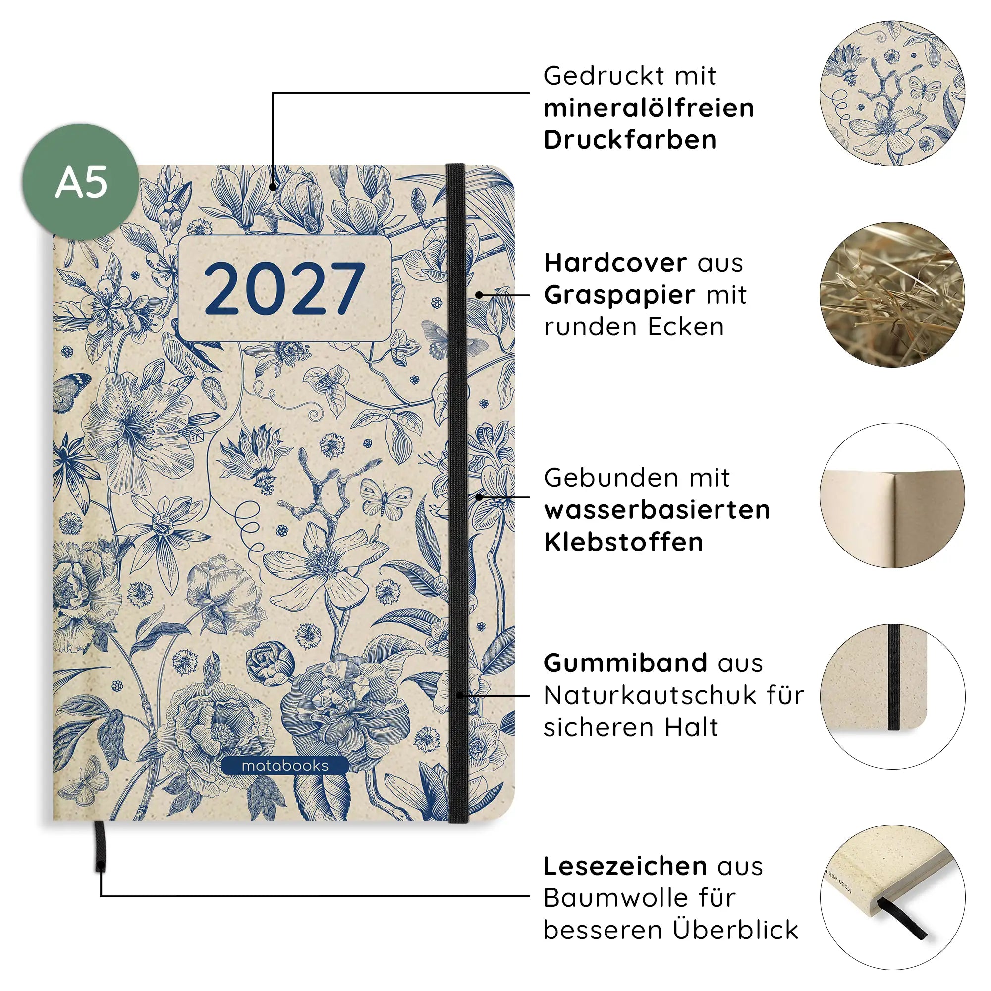 Vegan produzierter Jahresplaner, Jahreskalender, Kalender, Familienkalender, Notizbuch, Tagebuch, Terminplaner, Achtsamkeitstagebuch, Bullet Journal, Reisetagebuch, Dankbarkeitstagebuch, Hausaufgabenheft, Uni-Planer, Taschenkalender, Buchkalender, Business-Planer, Wochenplaner A5 aus Graspapier und Süßgraspapier von matabooks