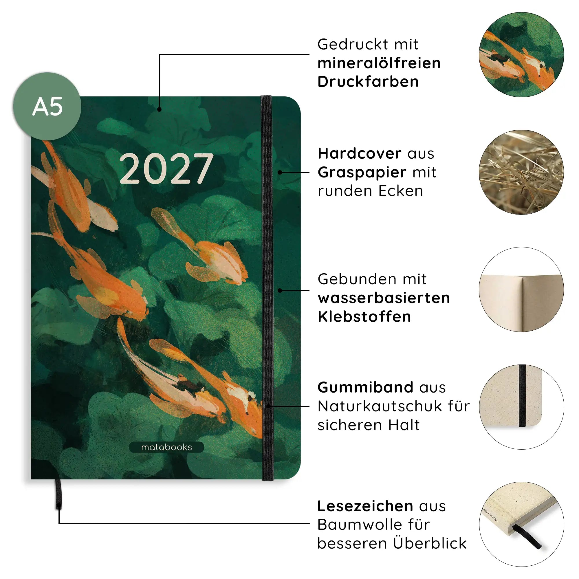 Vegan produzierter Jahresplaner, Jahreskalender, Kalender, Familienkalender, Notizbuch, Tagebuch, Terminplaner, Achtsamkeitstagebuch, Bullet Journal, Reisetagebuch, Dankbarkeitstagebuch, Hausaufgabenheft, Uni-Planer, Taschenkalender, Buchkalender, Business-Planer, Wochenplaner A5 aus Graspapier von matabooks