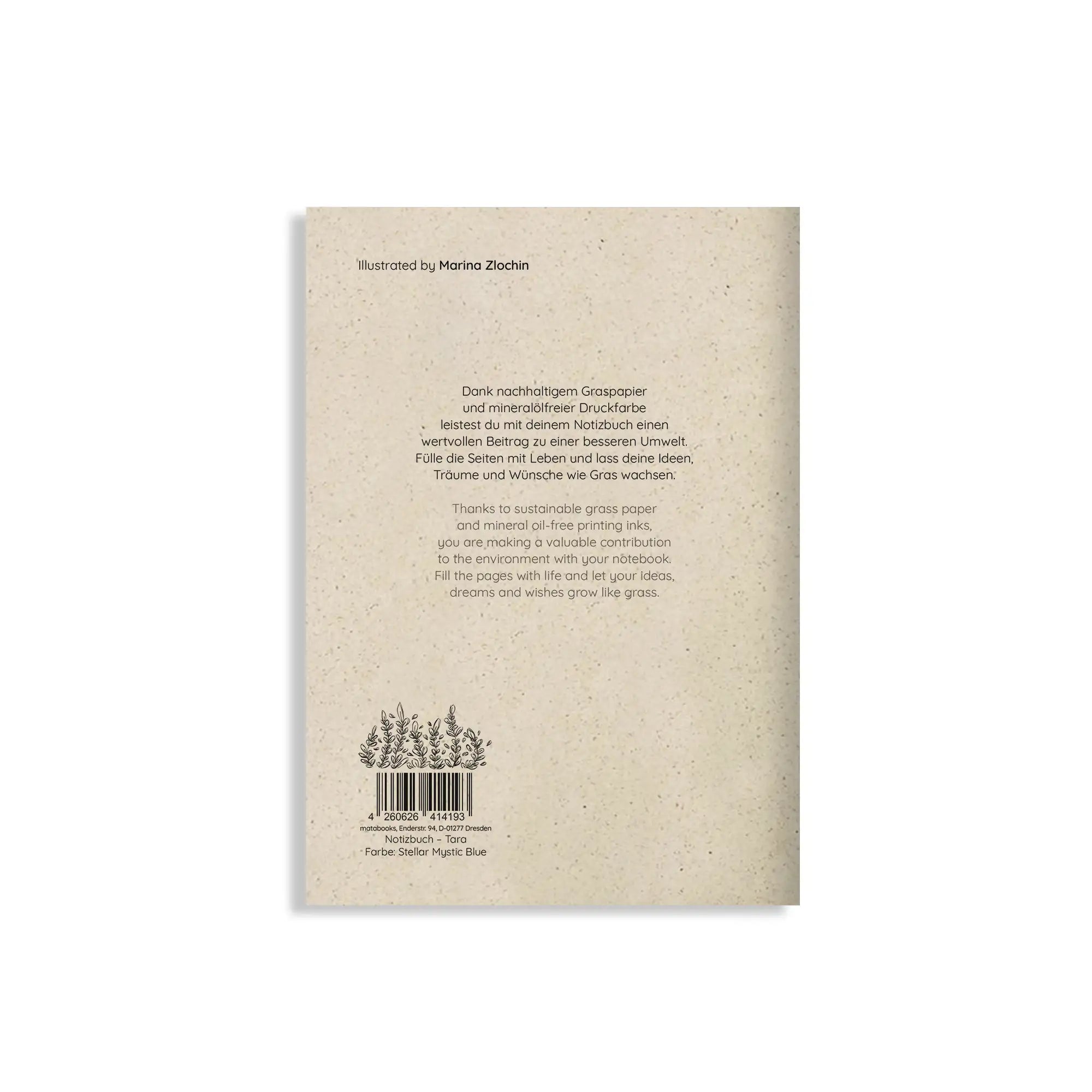 Vegan produziertes Notizbuch, Skizzenbuch, Tagebuch, Achtsamkeitstagebuch, Reisetagebuch, Dankbarkeitstagebuch, Bullet Journal, Rezeptbuch, Notizheft, Schreibheft oder Schreibblock A5 Tara aus Graspapier von matabooks
