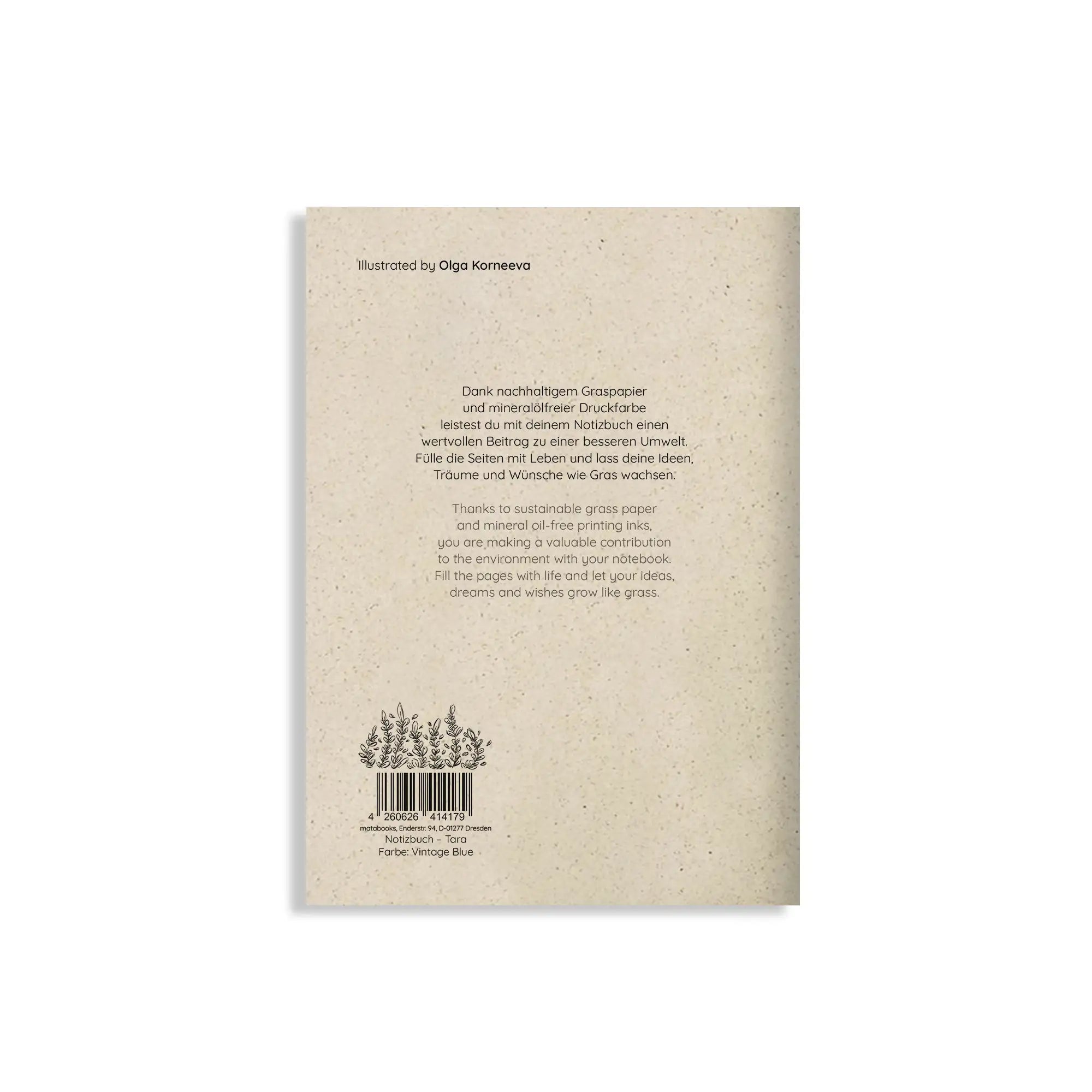 Vegan produziertes Notizbuch, Skizzenbuch, Tagebuch, Achtsamkeitstagebuch, Reisetagebuch, Dankbarkeitstagebuch, Bullet Journal, Rezeptbuch, Notizheft, Schreibheft oder Schreibblock A5 Tara aus Graspapier von matabooks