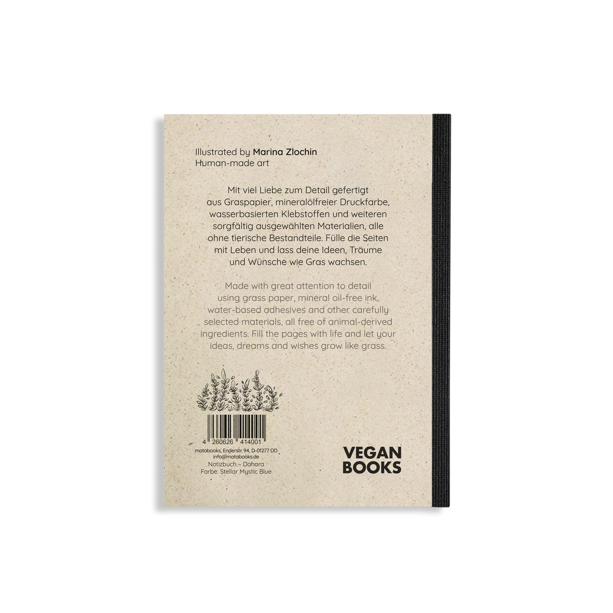 Vegan produziertes Notizbuch, Skizzenbuch, Tagebuch, Achtsamkeitstagebuch, Reisetagebuch, Dankbarkeitstagebuch, Bullet Journal, Rezeptbuch, Schreibheft oder Schreibblock A6 Dahara aus Graspapier von matabooks