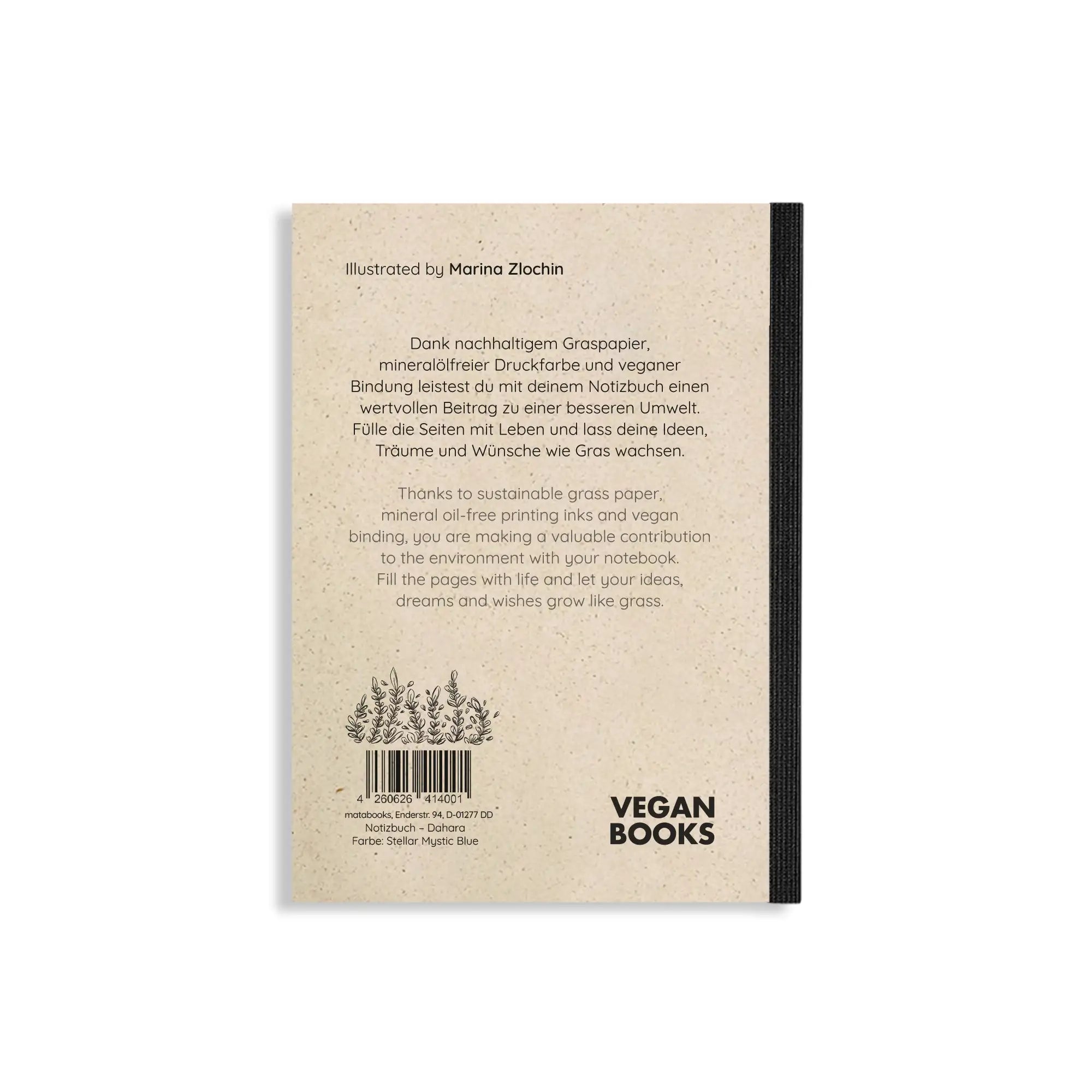 Vegan produziertes Notizbuch, Skizzenbuch, Tagebuch, Achtsamkeitstagebuch, Reisetagebuch, Dankbarkeitstagebuch, Bullet Journal, Rezeptbuch, Schreibheft oder Schreibblock A6 Dahara aus Graspapier von matabooks