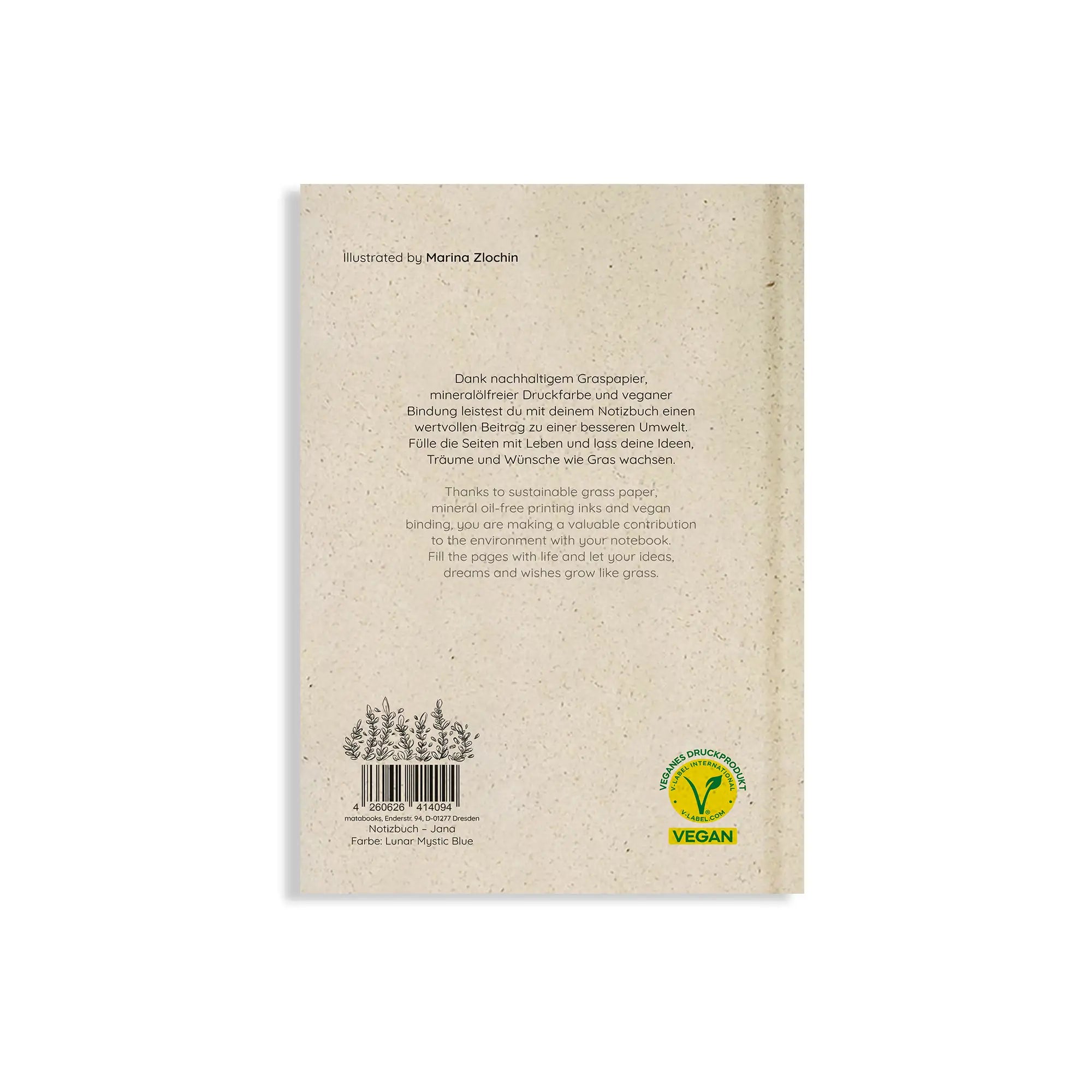 Vegan produziertes Notizbuch, Skizzenbuch, Tagebuch, Achtsamkeitstagebuch, Reisetagebuch, Dankbarkeitstagebuch, Bullet Journal, Planer, Terminplaner, Uni-Planer, Kalender, Wochenplaner, Rezeptbuch, Schreibheft oder Schreibblock A5 Jana aus Graspapier von matabooks