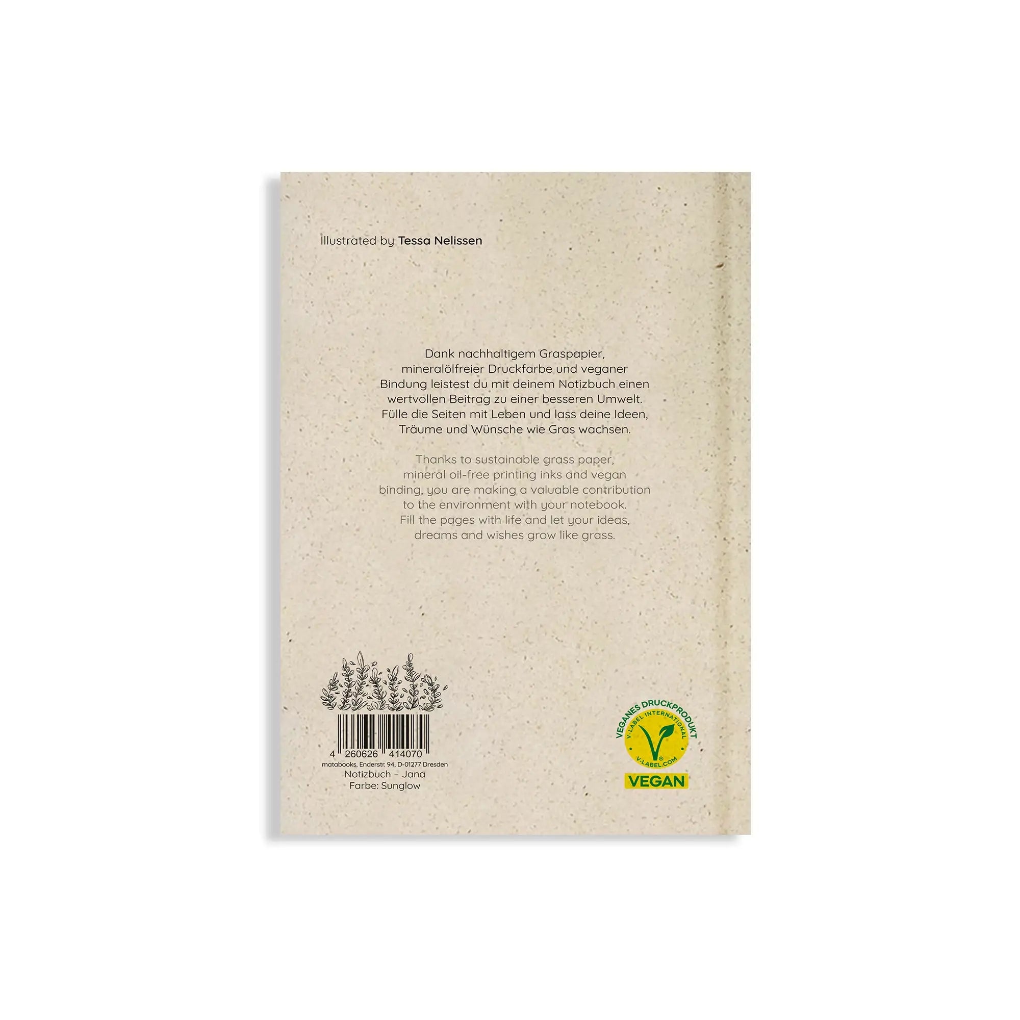 Vegan produziertes Notizbuch, Skizzenbuch, Tagebuch, Achtsamkeitstagebuch, Reisetagebuch, Dankbarkeitstagebuch, Bullet Journal, Planer, Terminplaner, Uni-Planer, Kalender, Wochenplaner, Rezeptbuch, Schreibheft oder Schreibblock A5 Jana aus Graspapier von matabooks