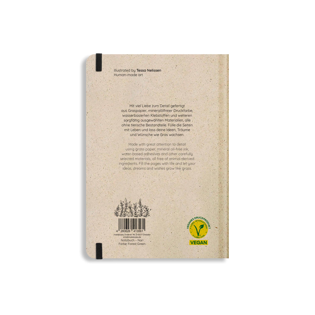 Vegan produziertes Notizbuch, Skizzenbuch, Tagebuch, Achtsamkeitstagebuch, Reisetagebuch, Dankbarkeitstagebuch, Bullet Journal, Planer, Terminplaner, Uni-Planer, Kalender, Wochenplaner, Rezeptbuch, Schreibheft oder Schreibblock A5 Nari aus Graspapier und Süßgraspapier von matabooks