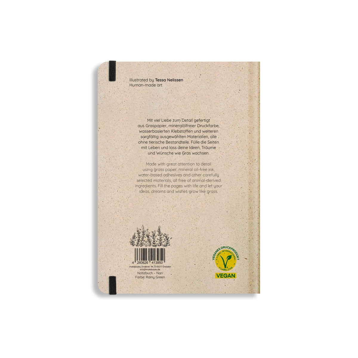 Vegan produziertes Notizbuch, Skizzenbuch, Tagebuch, Achtsamkeitstagebuch, Reisetagebuch, Dankbarkeitstagebuch, Bullet Journal, Planer, Terminplaner, Uni-Planer, Kalender, Wochenplaner, Rezeptbuch, Schreibheft oder Schreibblock A5 Nari aus Graspapier und Süßgraspapier von matabooks