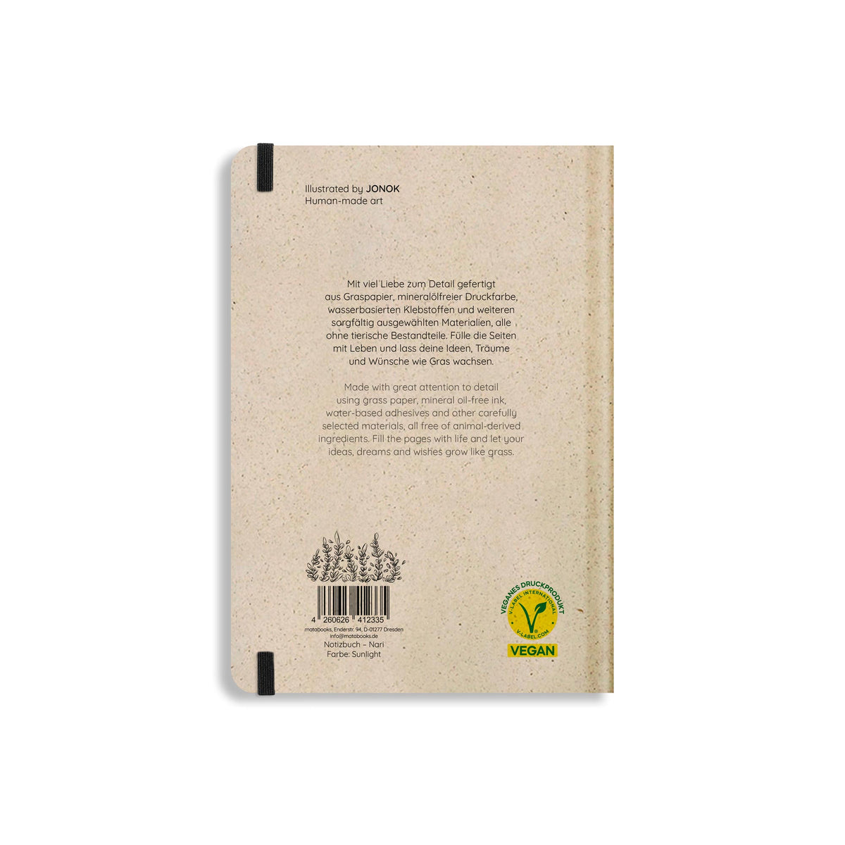 Vegan produziertes Notizbuch, Skizzenbuch, Tagebuch, Achtsamkeitstagebuch, Reisetagebuch, Dankbarkeitstagebuch, Bullet Journal, Planer, Terminplaner, Uni-Planer, Kalender, Wochenplaner, Rezeptbuch, Schreibheft oder Schreibblock A5 Nari aus Graspapier und Süßgraspapier von matabooks