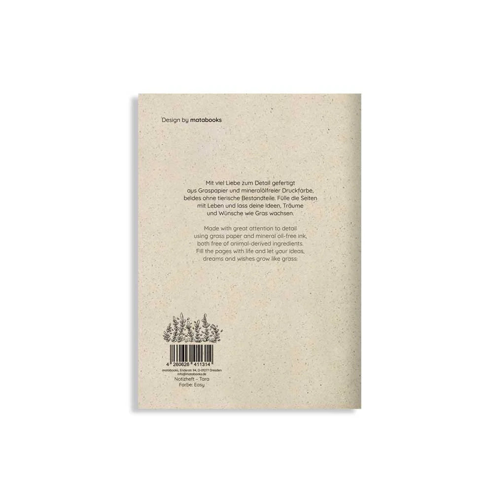 Vegan produziertes Notizbuch, Skizzenbuch, Tagebuch, Achtsamkeitstagebuch, Reisetagebuch, Dankbarkeitstagebuch, Bullet Journal, Rezeptbuch, Notizheft, Schreibheft oder Schreibblock A5 Tara aus Graspapier von matabooks
