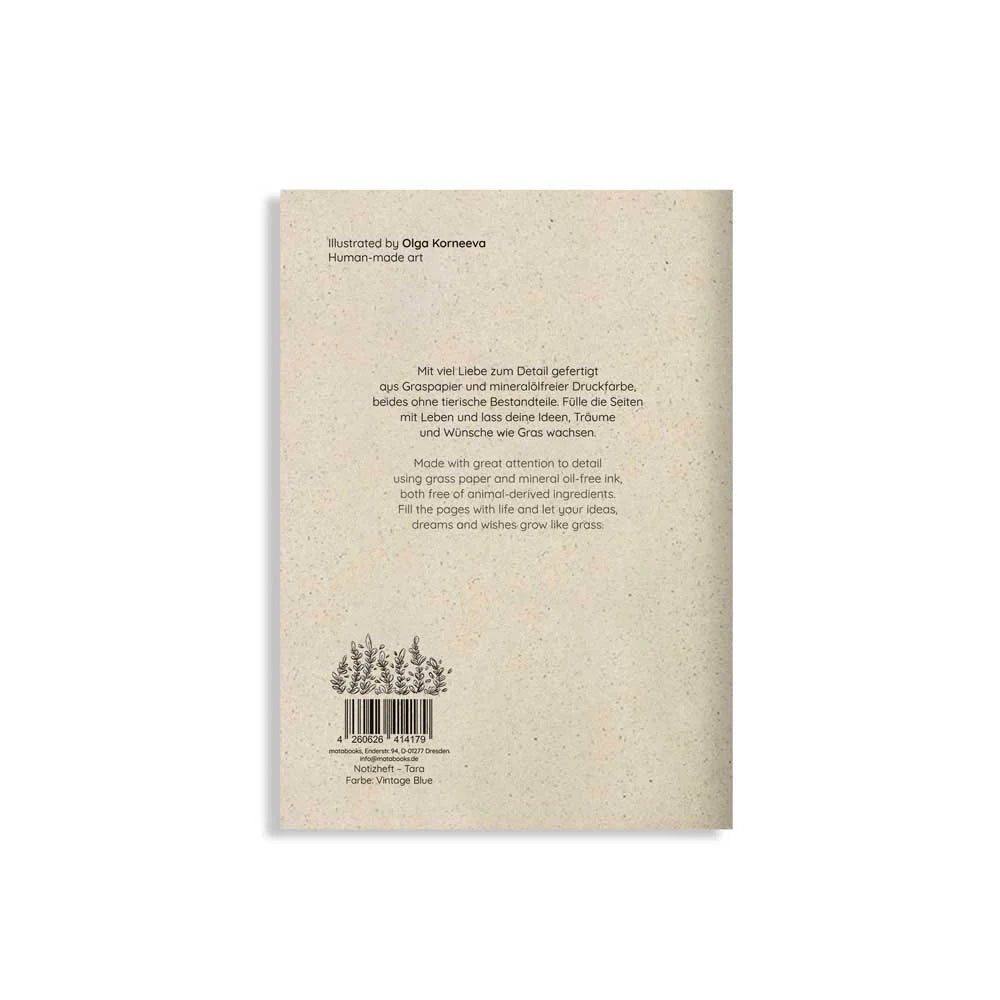 Vegan produziertes Notizbuch, Skizzenbuch, Tagebuch, Achtsamkeitstagebuch, Reisetagebuch, Dankbarkeitstagebuch, Bullet Journal, Rezeptbuch, Notizheft, Schreibheft oder Schreibblock A5 Tara aus Graspapier von matabooks