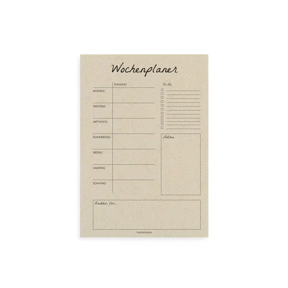 Vegan produzierter Wochenplaner, Wochenübersicht, Schreibtischplaner, Familienplaner, Terminplaner, To-do-Liste, Arbeitsplaner, Uni-Planer, Wochenkalender, Schreibblock A4 aus Graspapier von matabooks