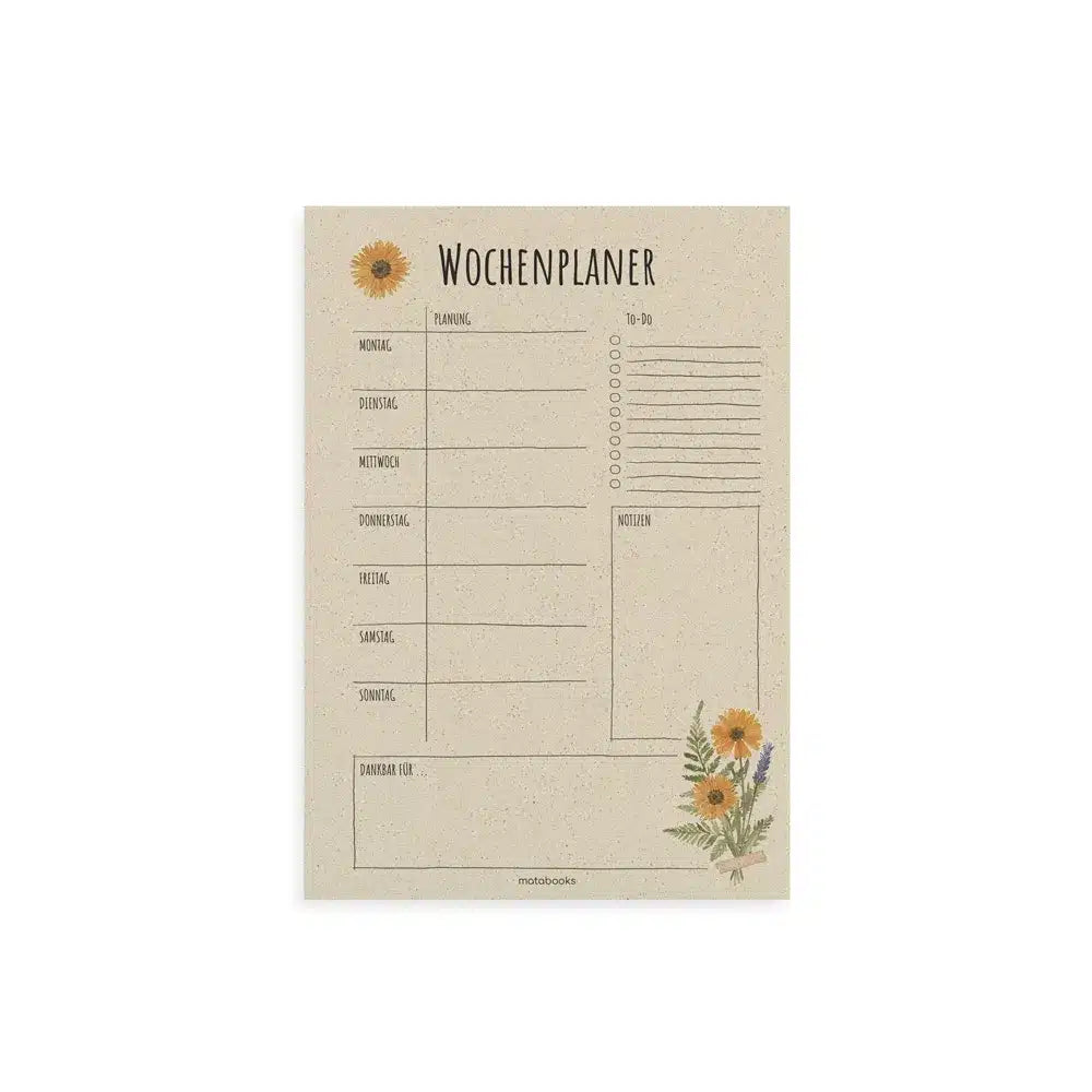 Vegan produzierter Wochenplaner, Wochenübersicht, Schreibtischplaner, Familienplaner, Terminplaner, To-do-Liste, Arbeitsplaner, Uni-Planer, Wochenkalender, Schreibblock A4 aus Graspapier von matabooks